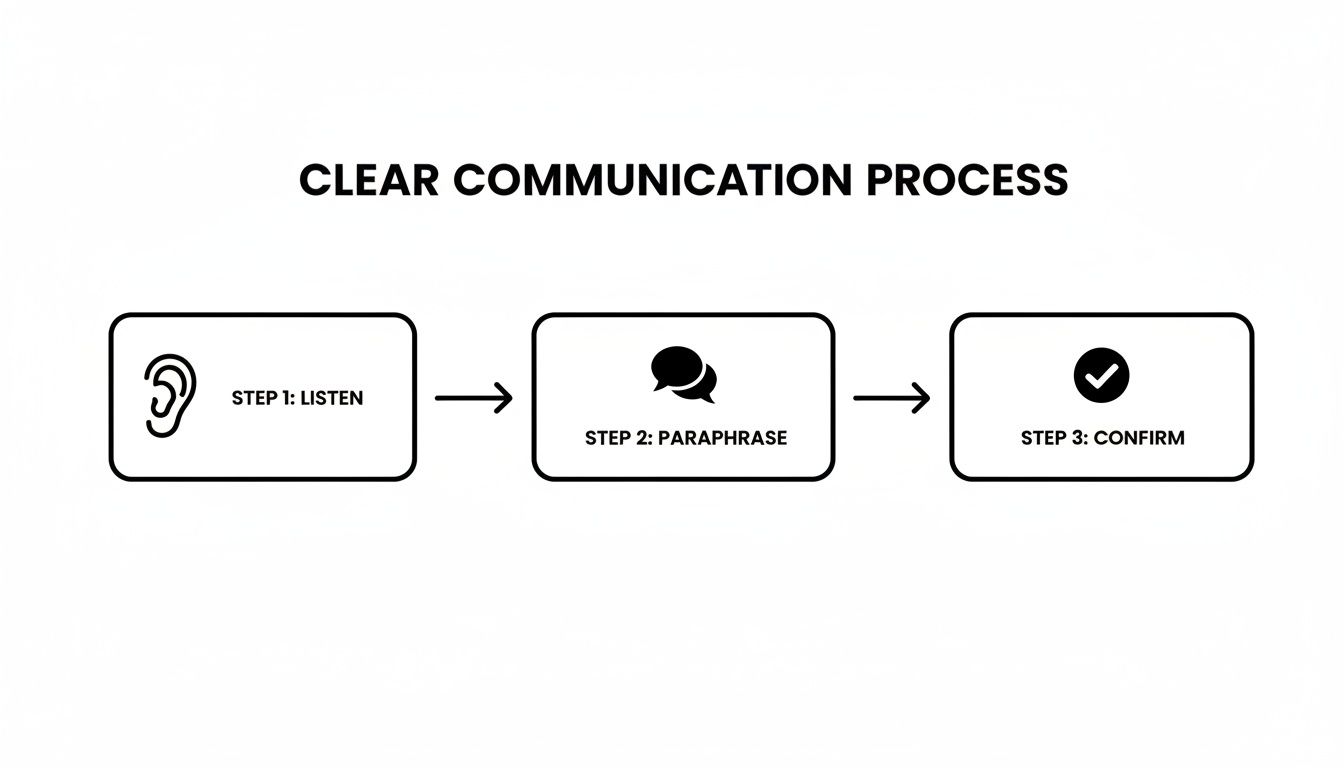 A diagram outlining a three-step clear communication process: Listen, Paraphrase, Confirm.