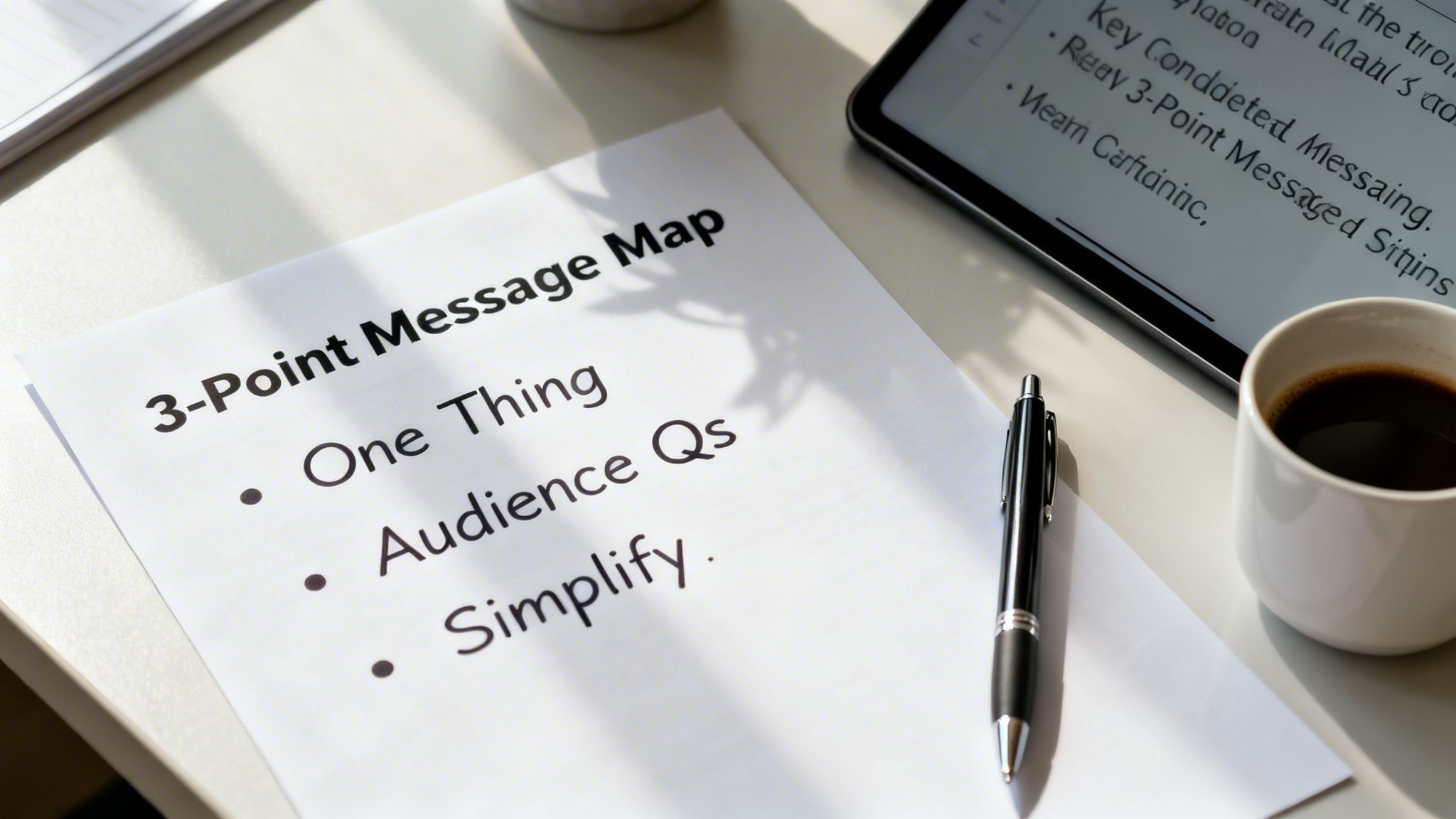 A paper detailing a '3-Point Message Map' with 'One Thing', 'Audience Qs', 'Simplify' on a desk with a pen and coffee.