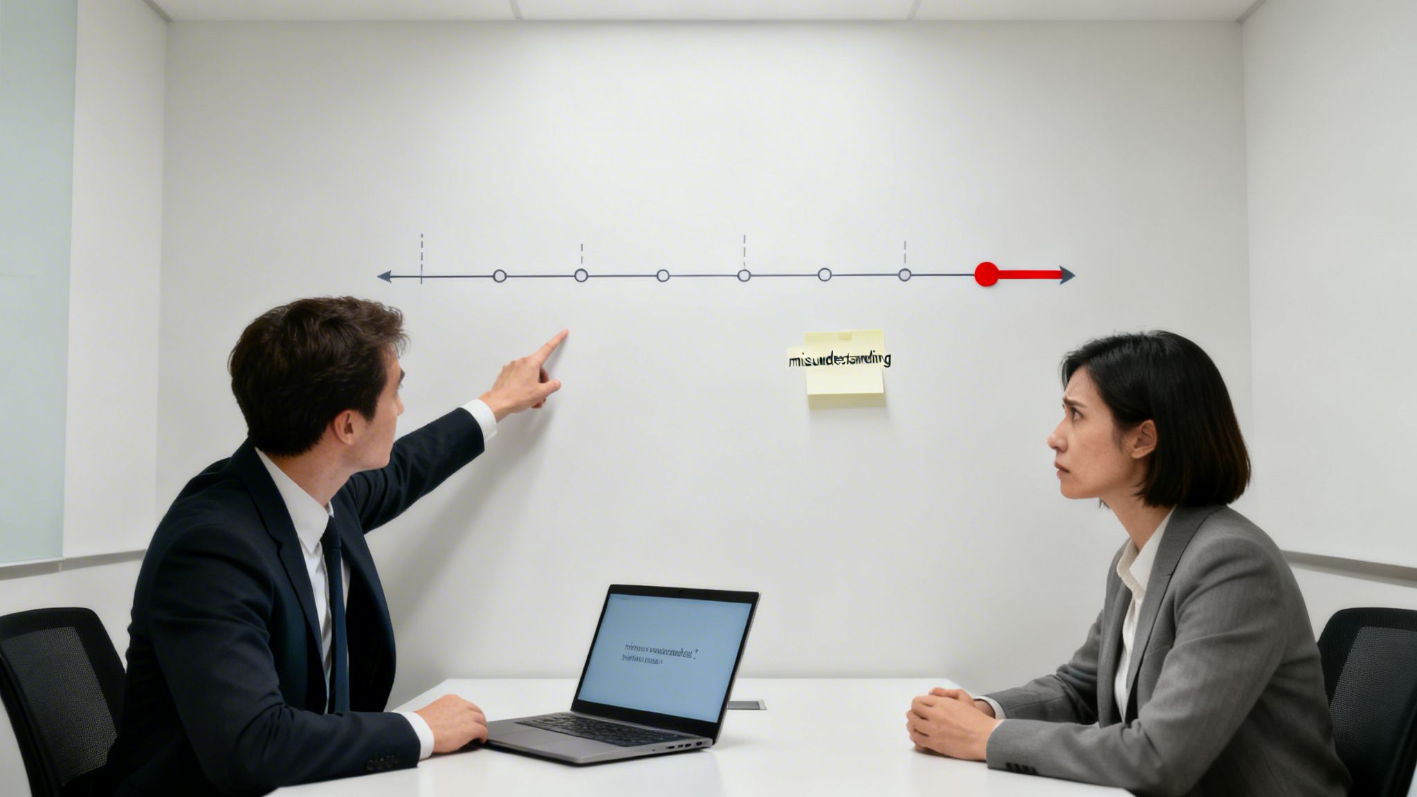 A man in a suit explains a timeline with a red arrow and a "misunderstanding" sticky note to a confused woman.