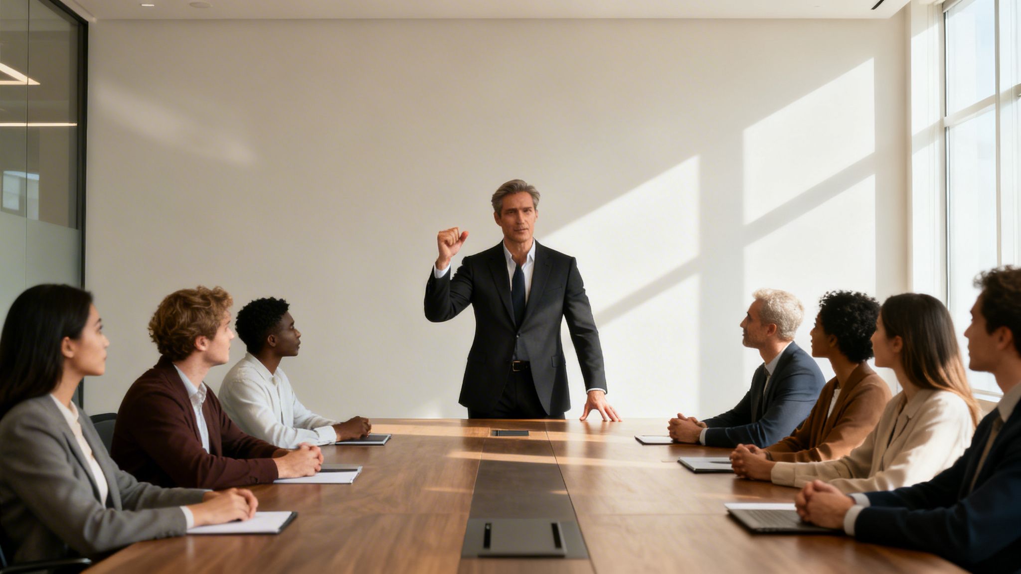A diverse business team listens intently to a male speaker at a conference table.