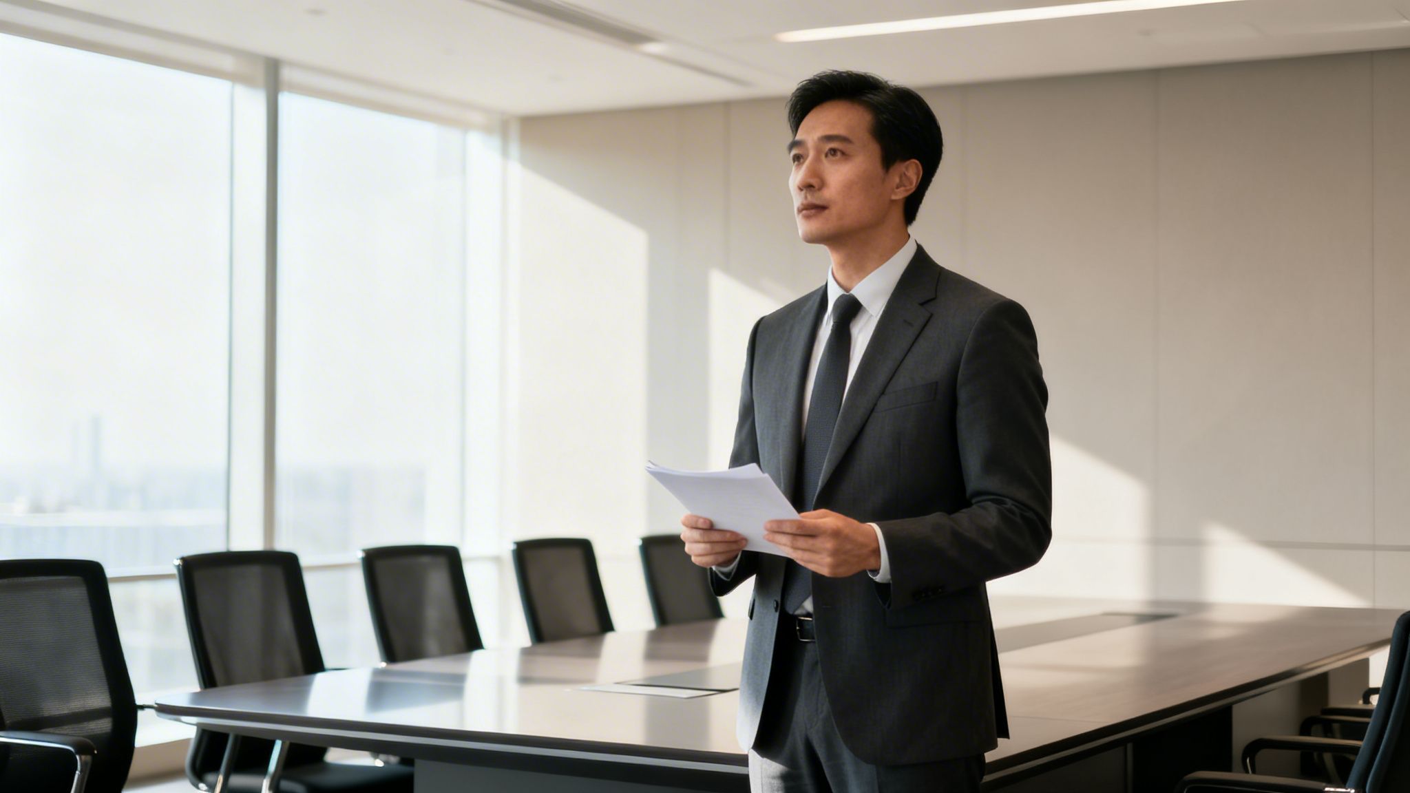A professional Asian man in a suit stands in a sunny conference room, holding papers.