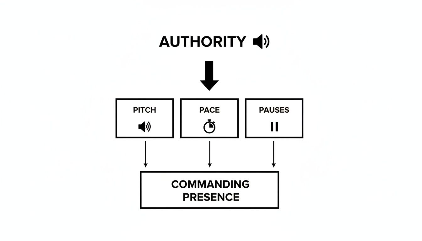 A diagram illustrating how pitch, pace, and pauses contribute to commanding presence and authority in public speaking.