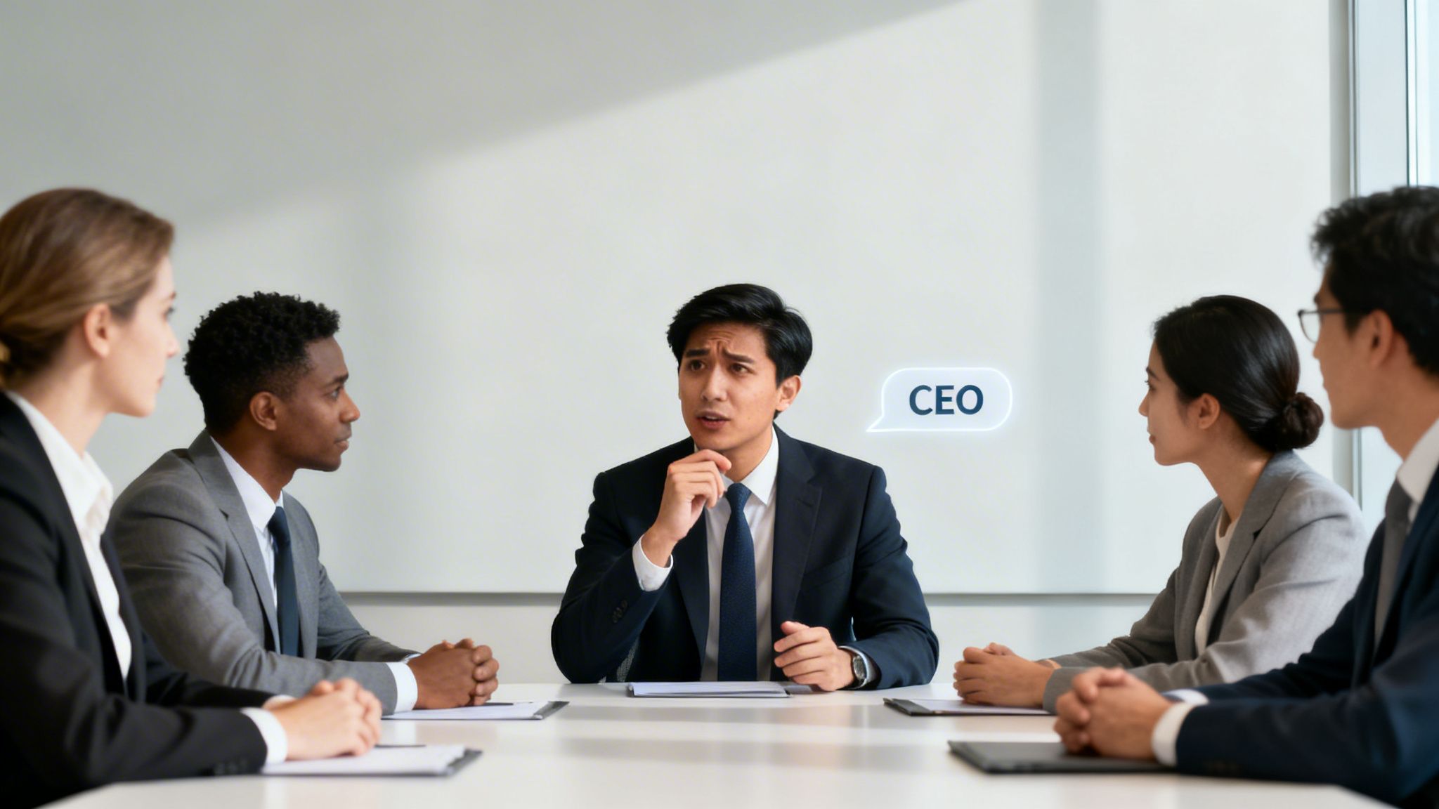 Diverse business team listening to their CEO speak during a corporate meeting.