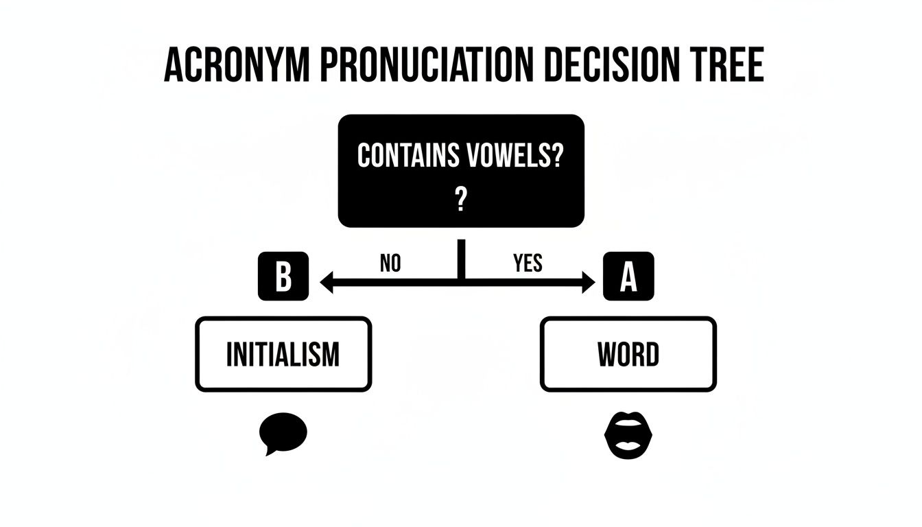 A decision tree illustrating acronym pronunciation rules: 'Contains Vowels?' leads to 'Word' (yes) or 'Initialism' (no).