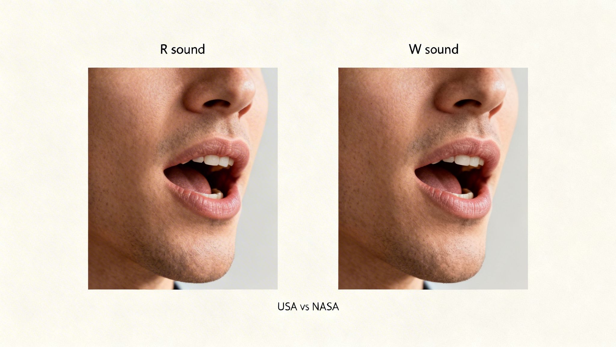 Two close-up images of a person's mouth demonstrating R and W sounds for pronunciation.