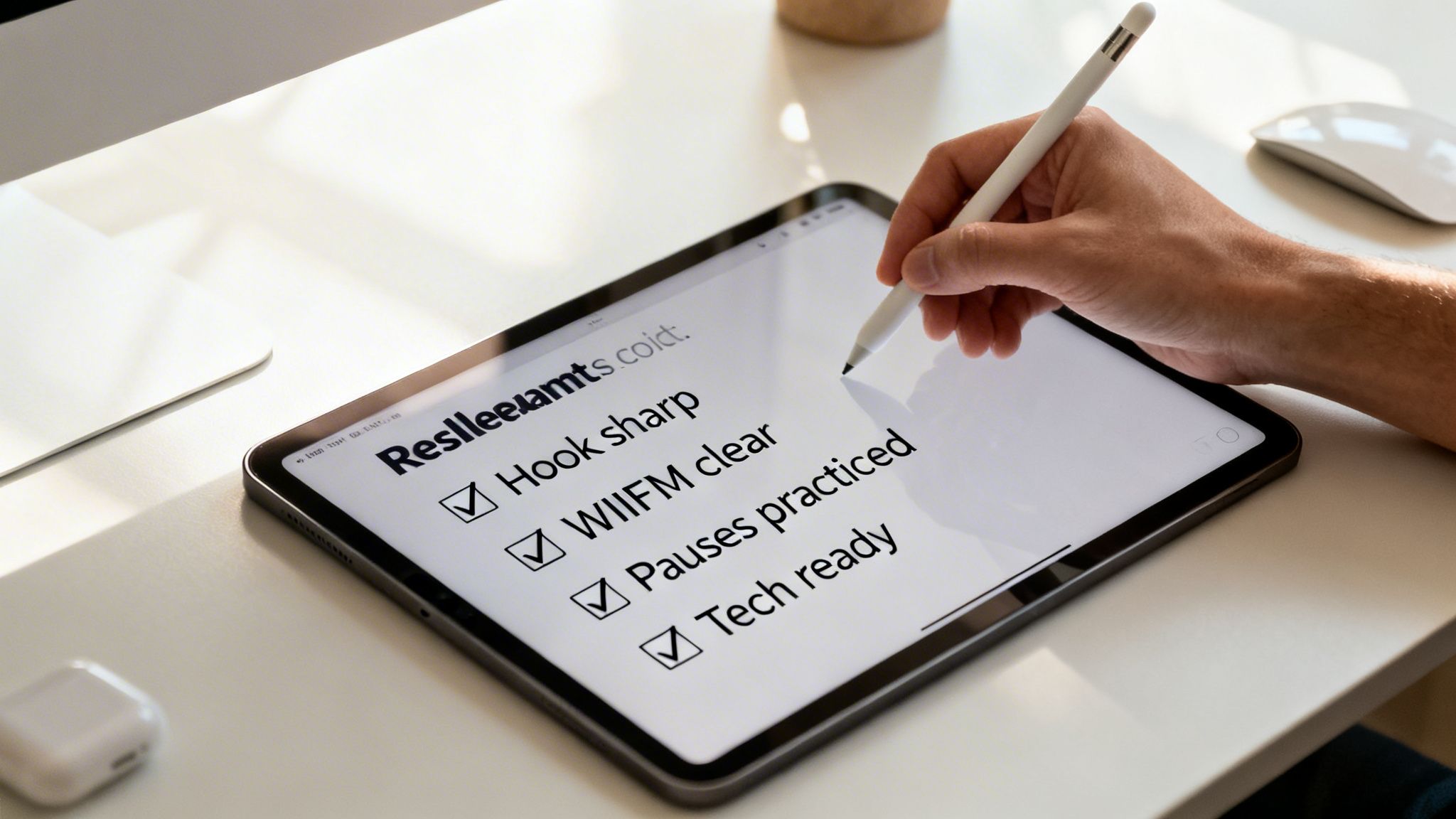 A hand uses an Apple Pencil to check off presentation preparation items on a digital checklist on an iPad.