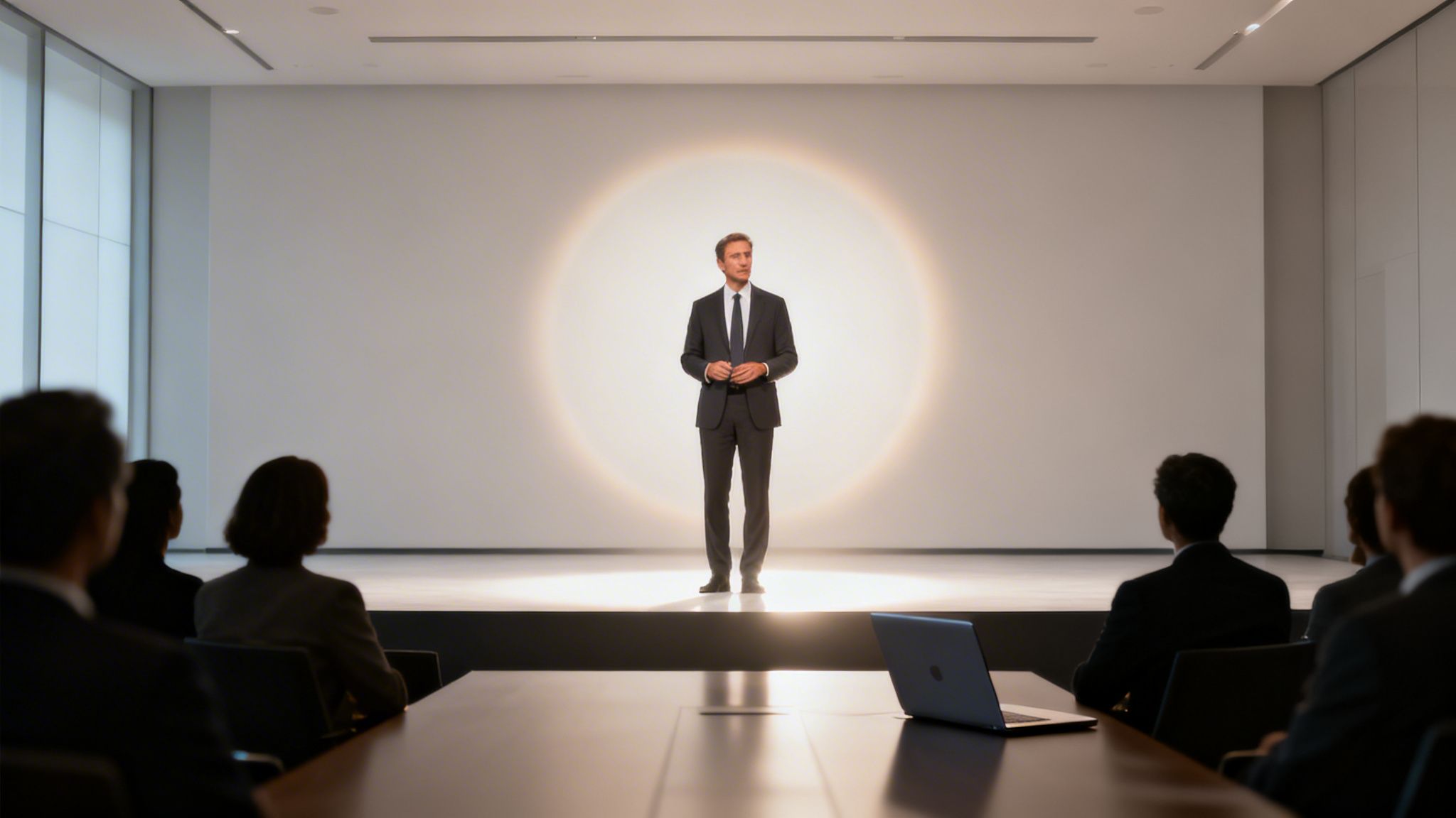A man in a suit gives a presentation on a spotlighted stage to an audience.