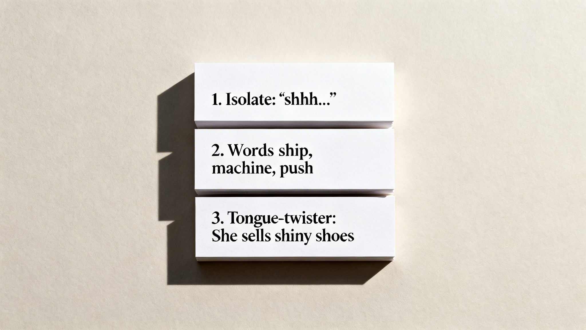 Three white cards stacked, listing exercises for the 'sh' sound, including isolation, words, and a tongue-twister.