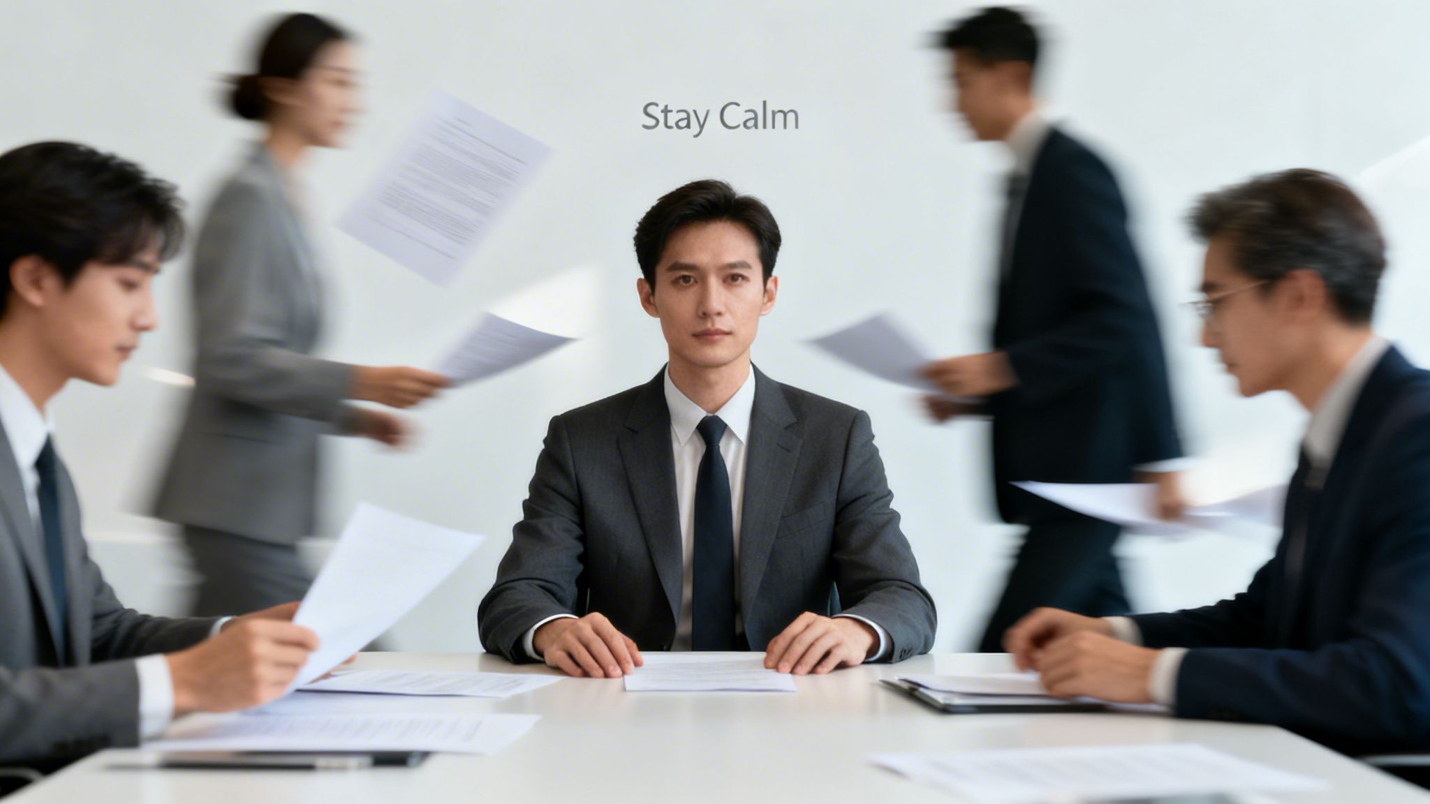 A calm man in a suit sits at a table amidst blurry, busy colleagues, with “Stay Calm” text above.