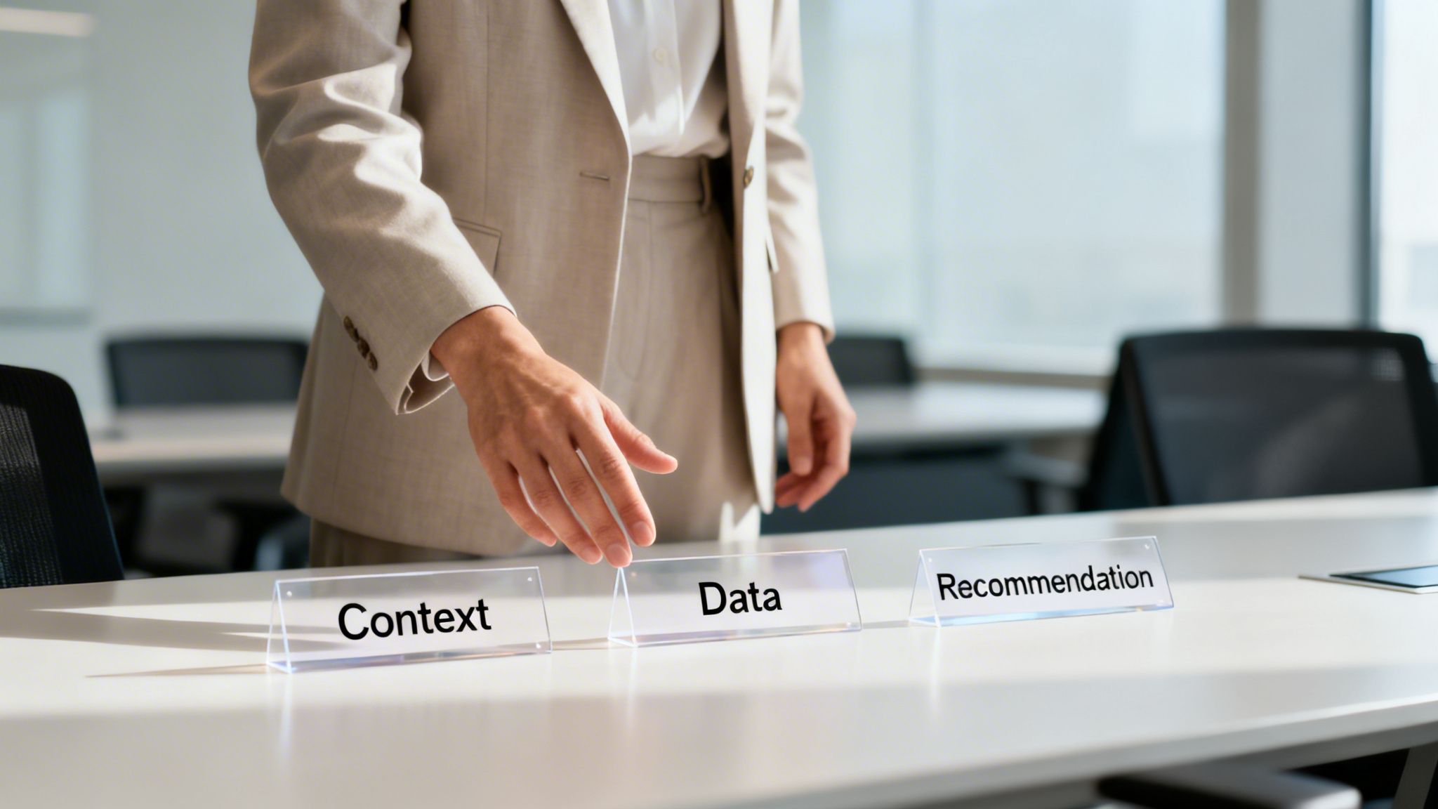 A businesswoman gestures towards 'Data' between 'Context' and 'Recommendation' labels on a meeting room table.