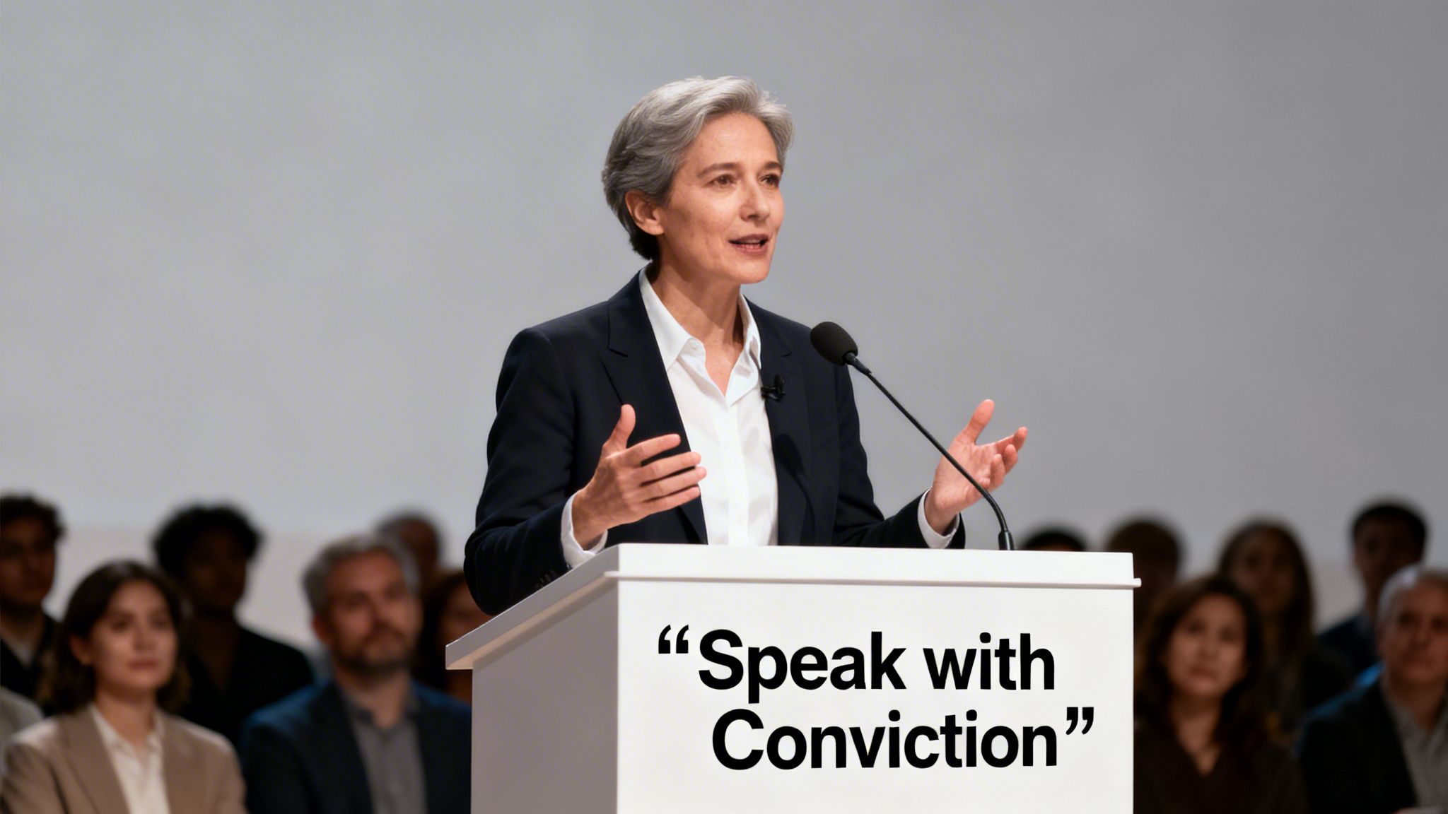 A confident woman with short grey hair speaks passionately at a podium, conveying conviction to an audience.