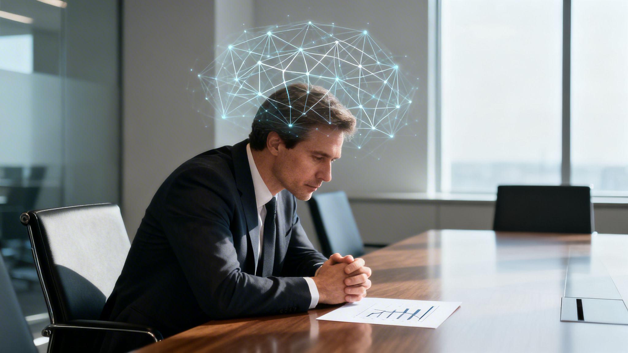 Businessman thinking deeply, with a glowing digital brain network above, reviewing data in a meeting room.