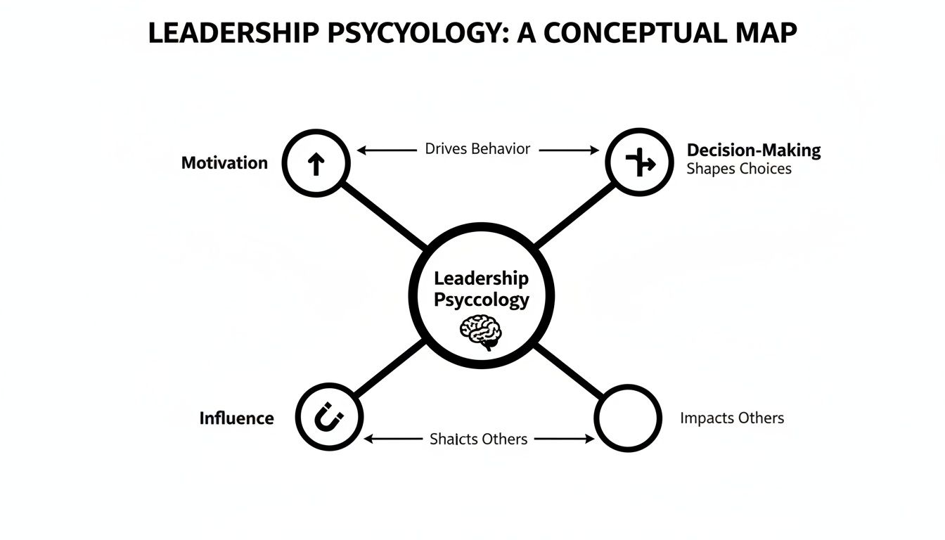 A conceptual map of Leadership Psychology showing Motivation, Decision-Making, Influence, and Impacts on others.