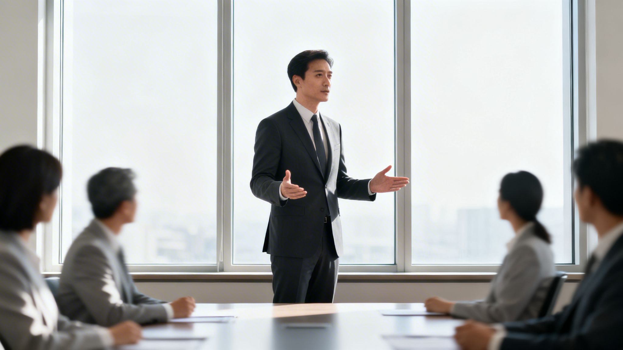 A male leader in a suit speaks to colleagues during a bright, modern meeting.