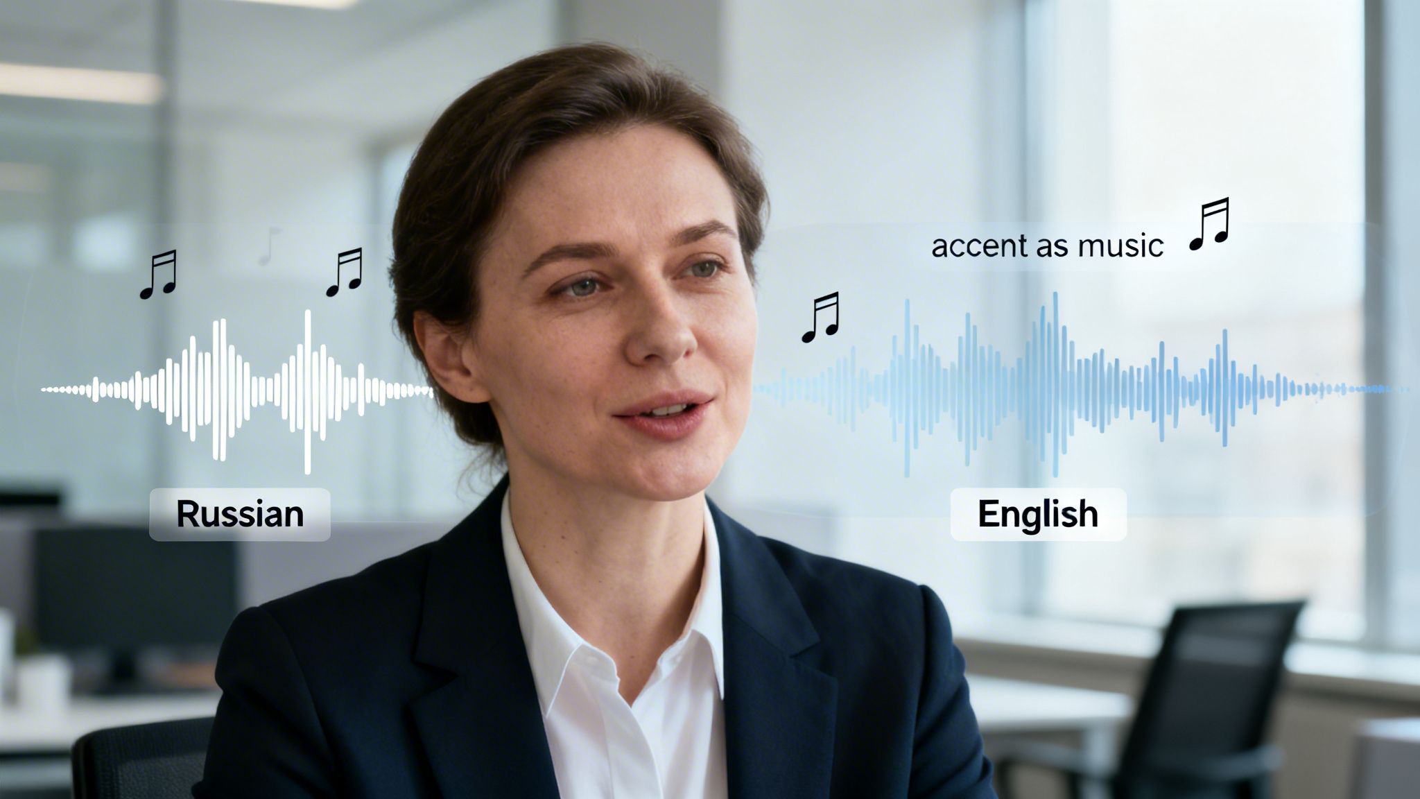 A woman compares Russian and English accents using holographic sound waves and musical notes.