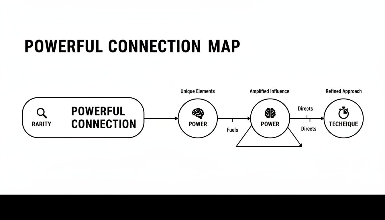 A powerful connection map diagram showing rarity, unique elements, amplified influence, and a refined technique.