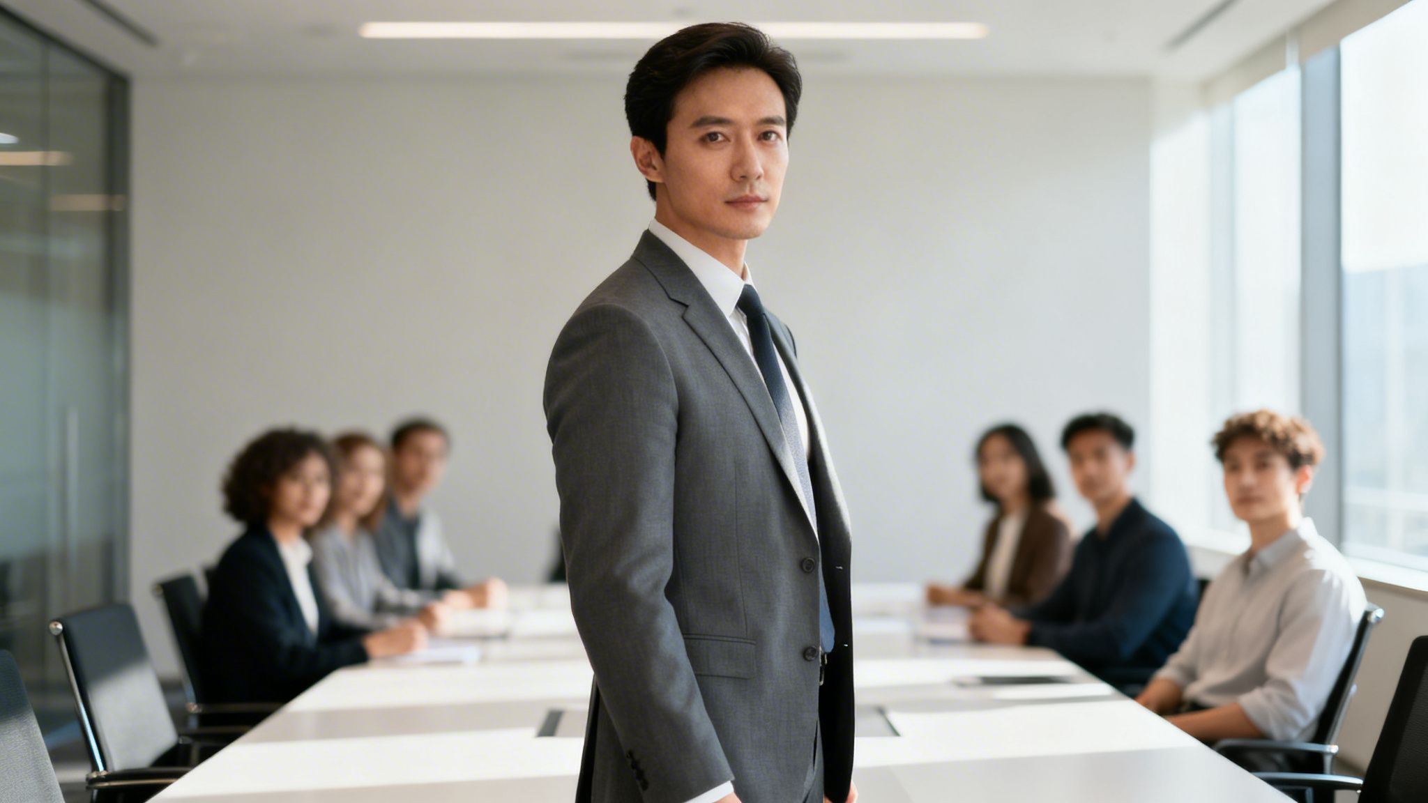 A confident businessman in a grey suit looking directly at the camera in a modern conference room.