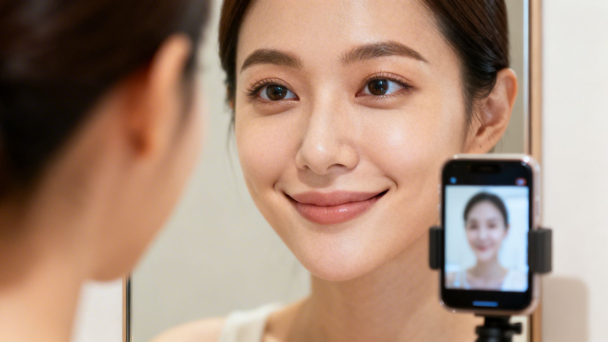 A smiling woman looks at her reflection in a mirror, recording a video with her phone.