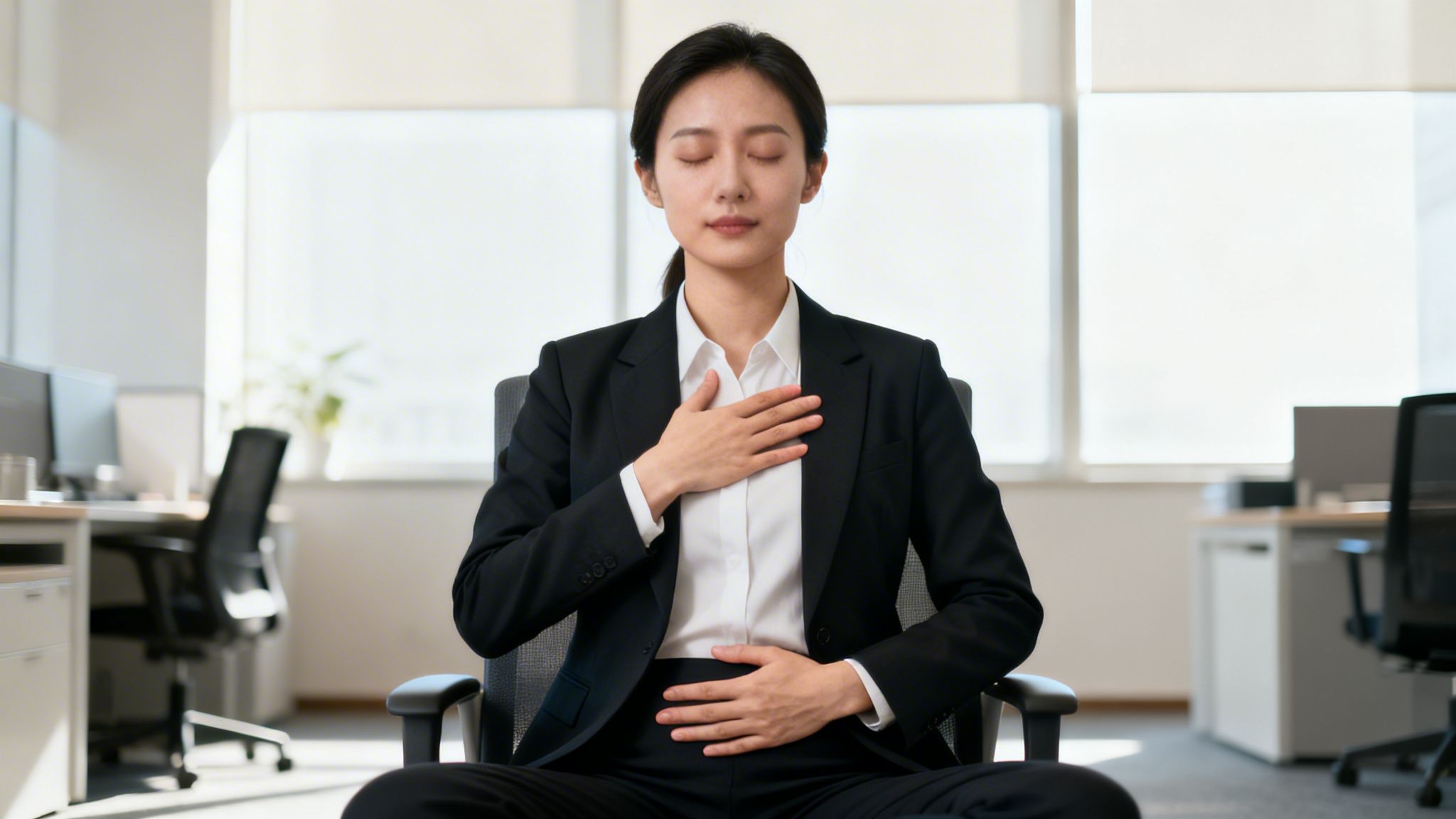 An Asian businesswoman meditating in an office, practicing breathing exercises for relaxation.