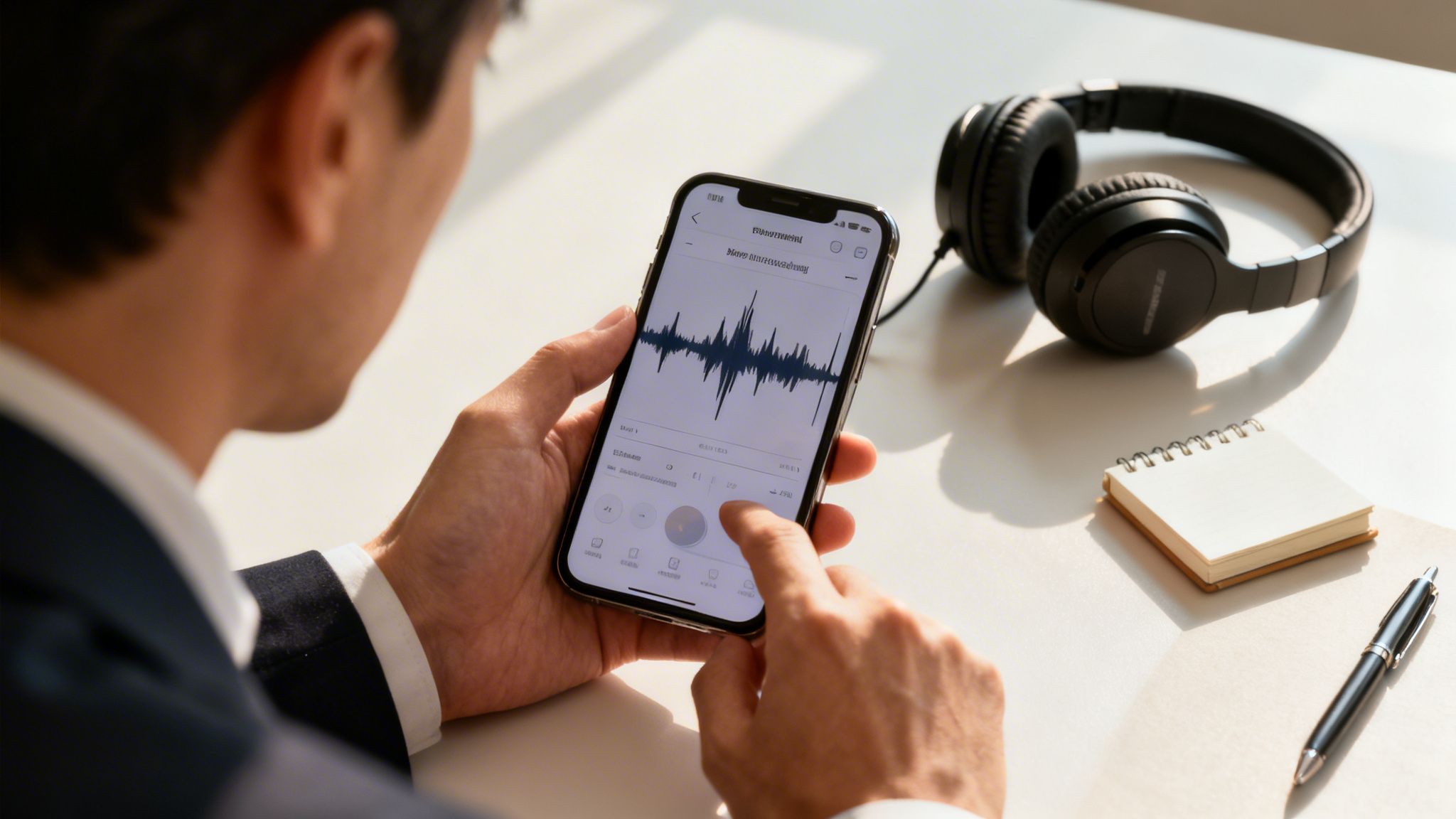 A person holds a smartphone displaying an audio waveform, next to headphones and a notebook.