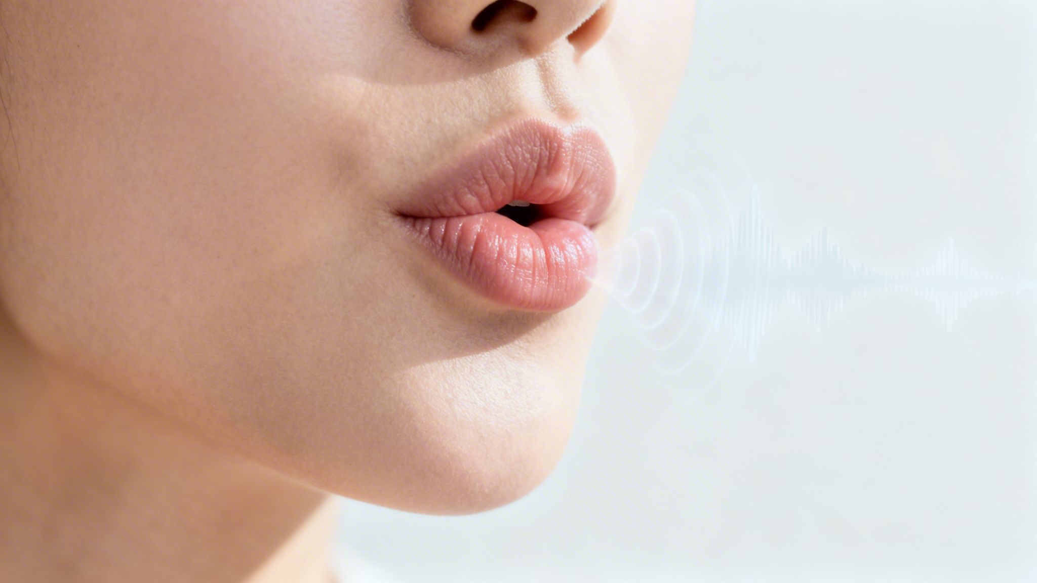 Close-up of a person's mouth speaking, with light blue graphic sound waves emanating.