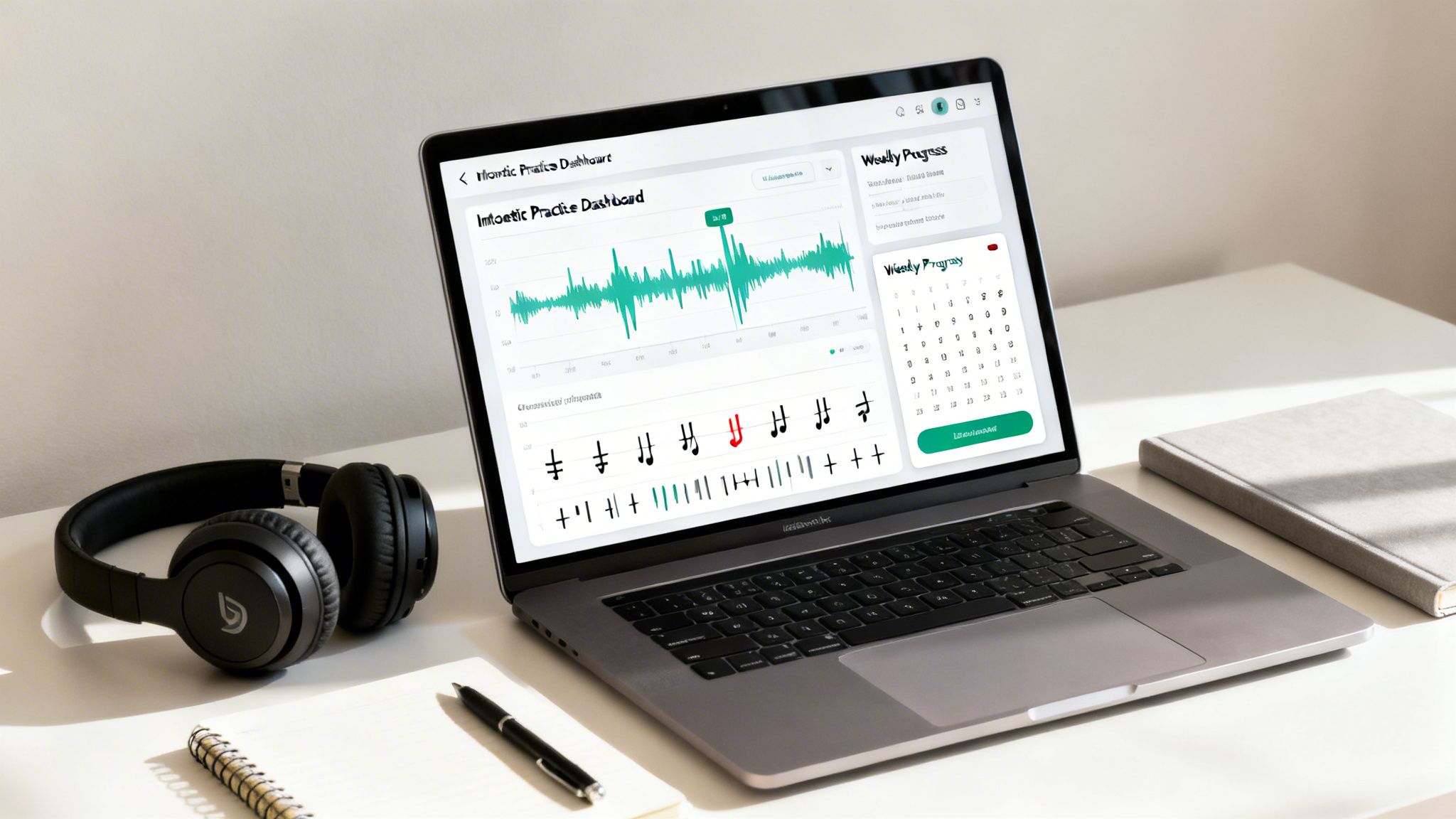 A laptop displaying a music practice dashboard, headphones, and office supplies on a white desk.