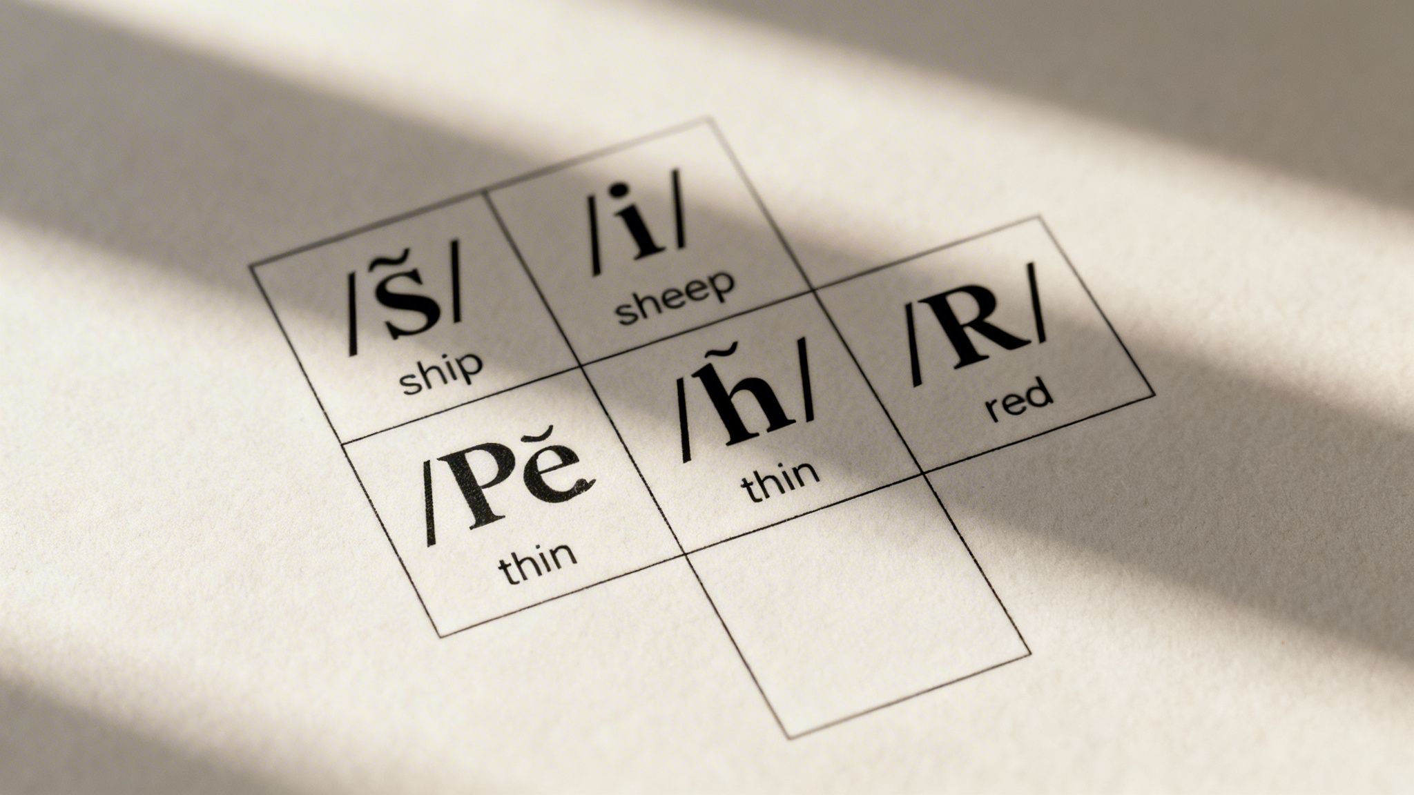 Phonetic chart displaying IPA symbols and example words like 'ship', 'sheep', 'thin', 'red'.