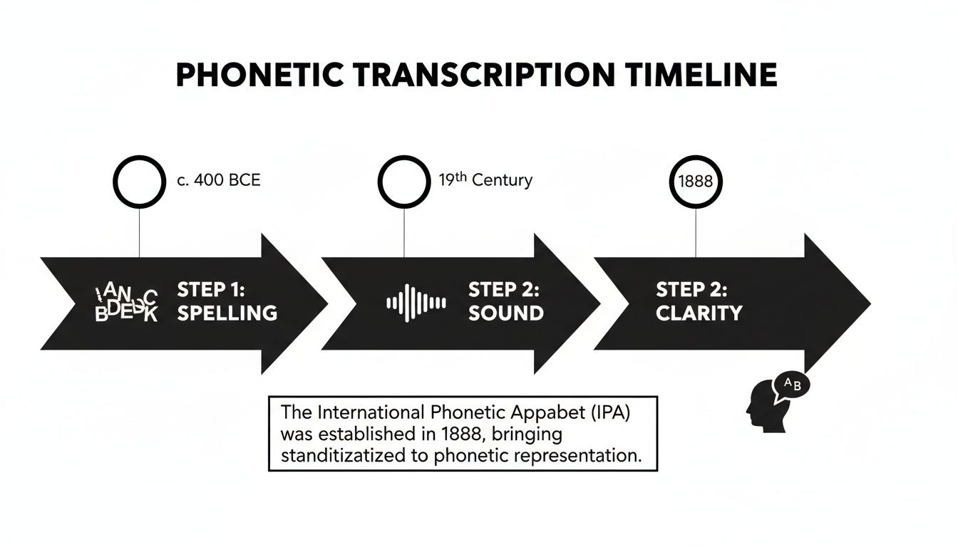 A timeline illustrating the evolution of phonetic transcription from spelling to sound, leading to the IPA in 1888 for clarity.