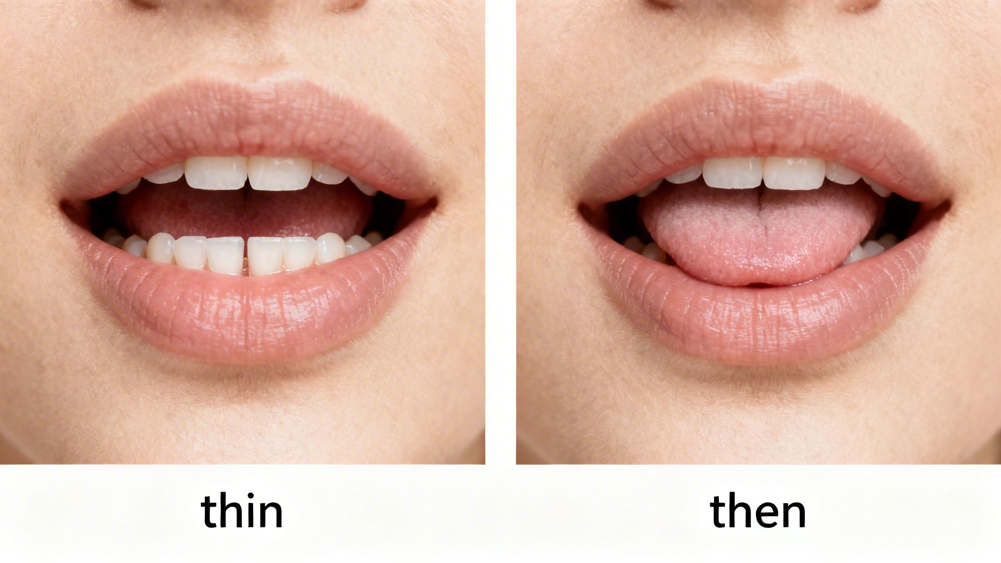 Mouth and tongue positions illustrating the pronunciation difference between 'thin' and 'then'.