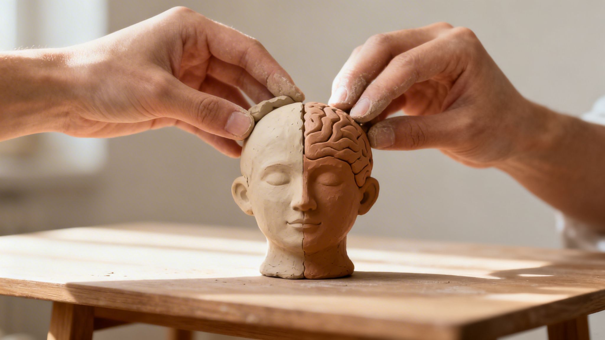Hands craft a clay human head, half face, half brain, symbolizing mental balance.