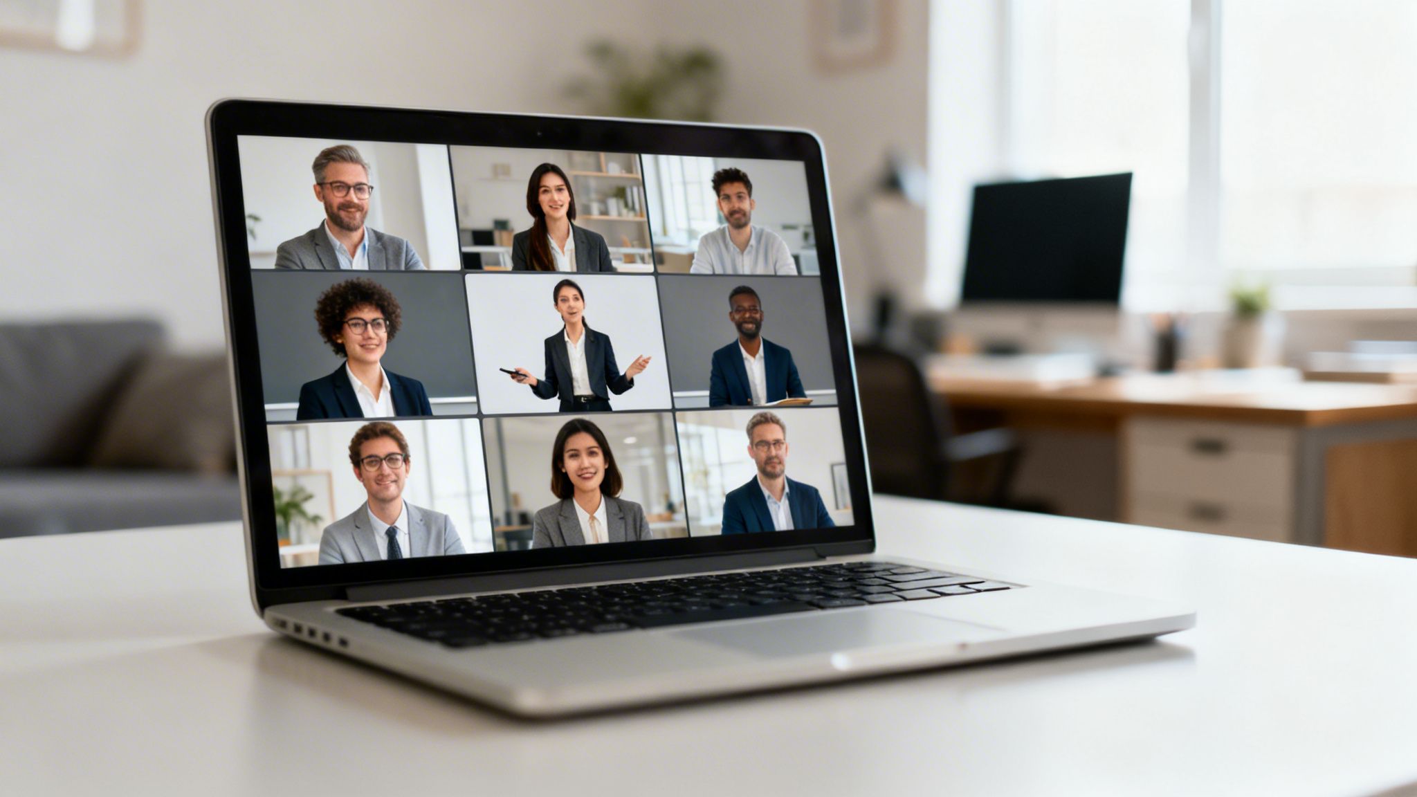 A laptop displays a video conference with nine diverse business professionals in a grid layout.