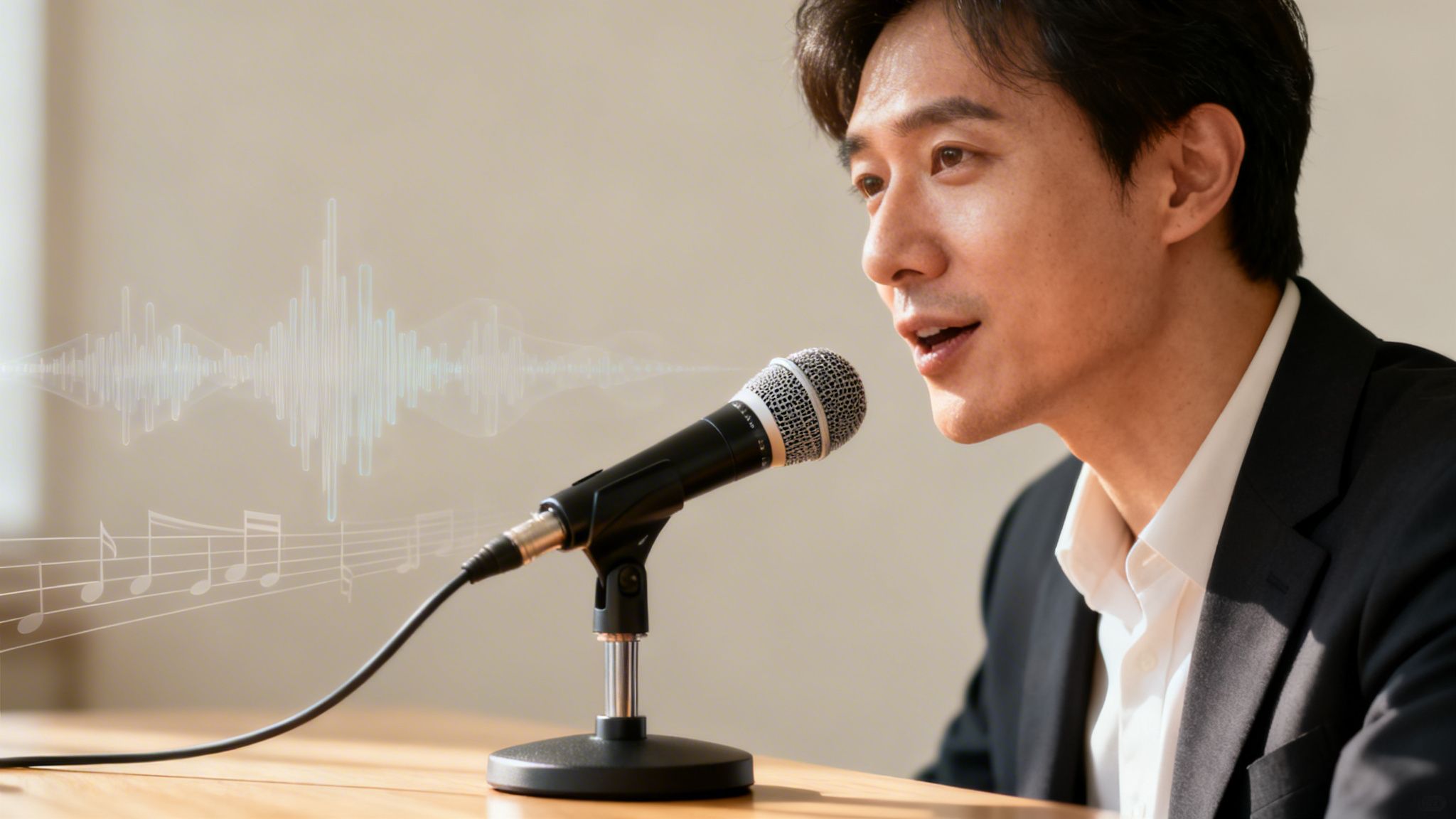 Close-up of an Asian man speaking into a microphone with sound waves and music notes.