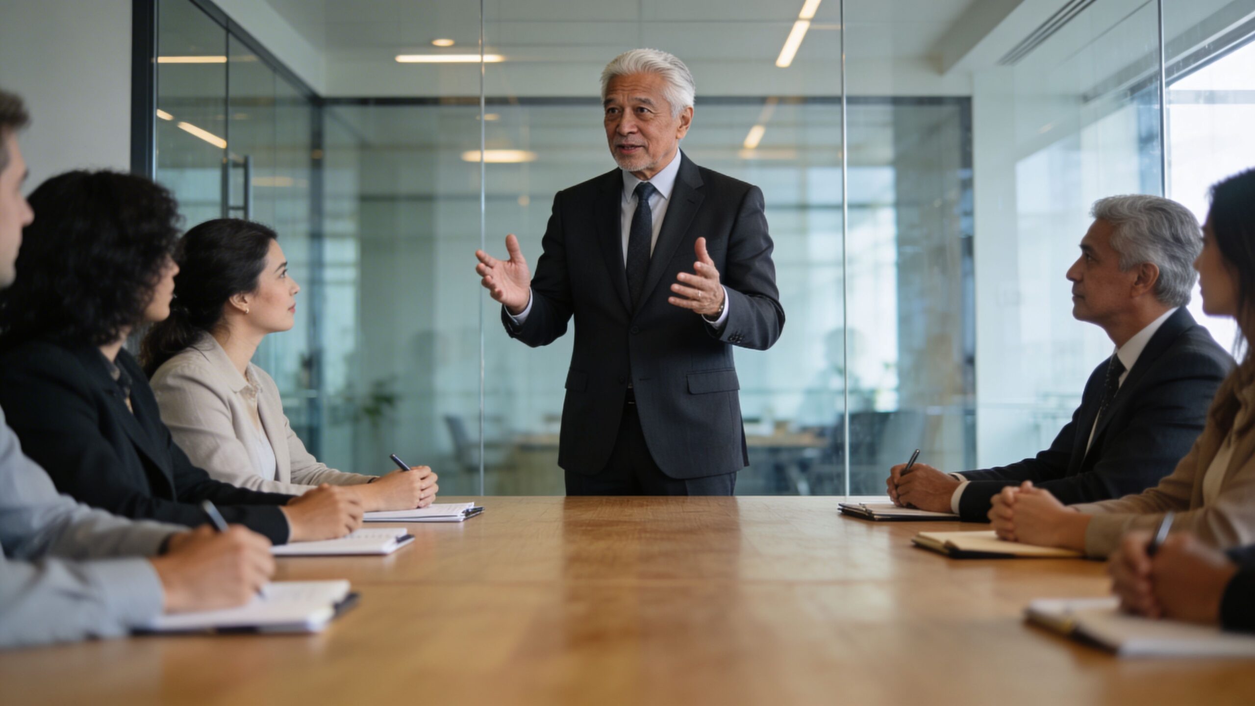 A professional man leads a boardroom meeting while diverse colleagues listen and take notes during a discussion.