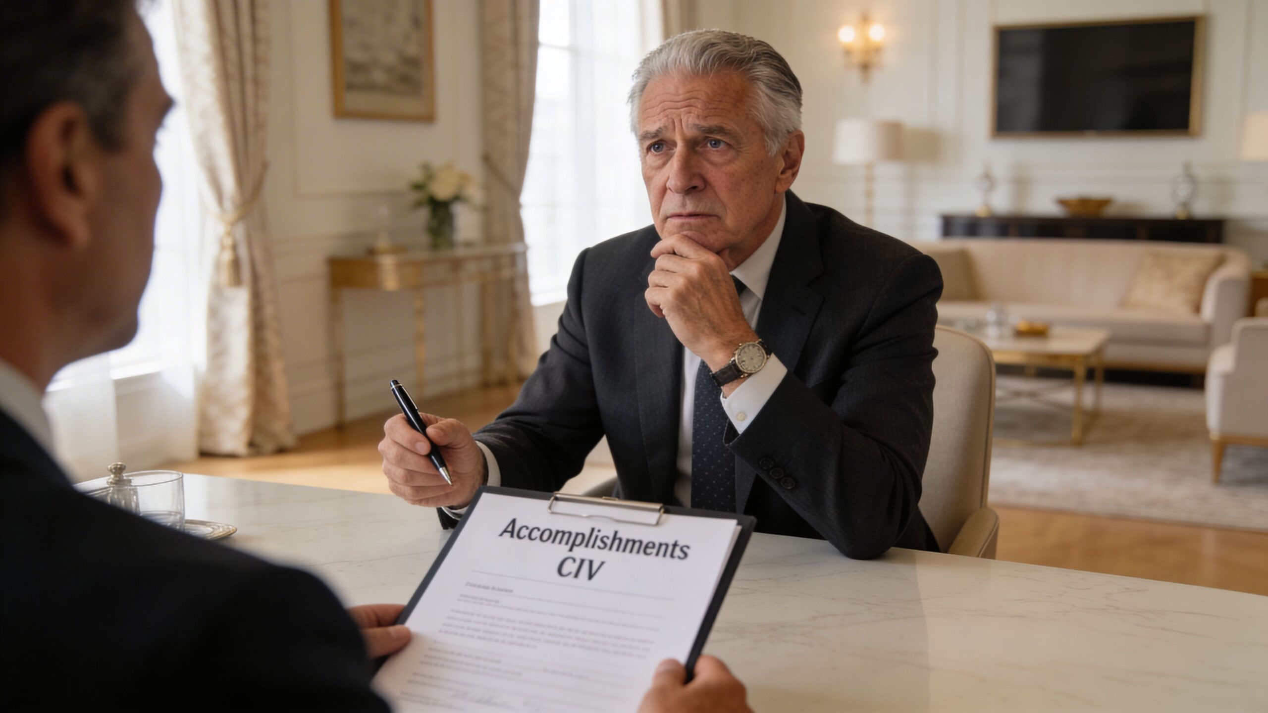 A professional executive in a suit listens intently while reviewing a document during a high-level business meeting.