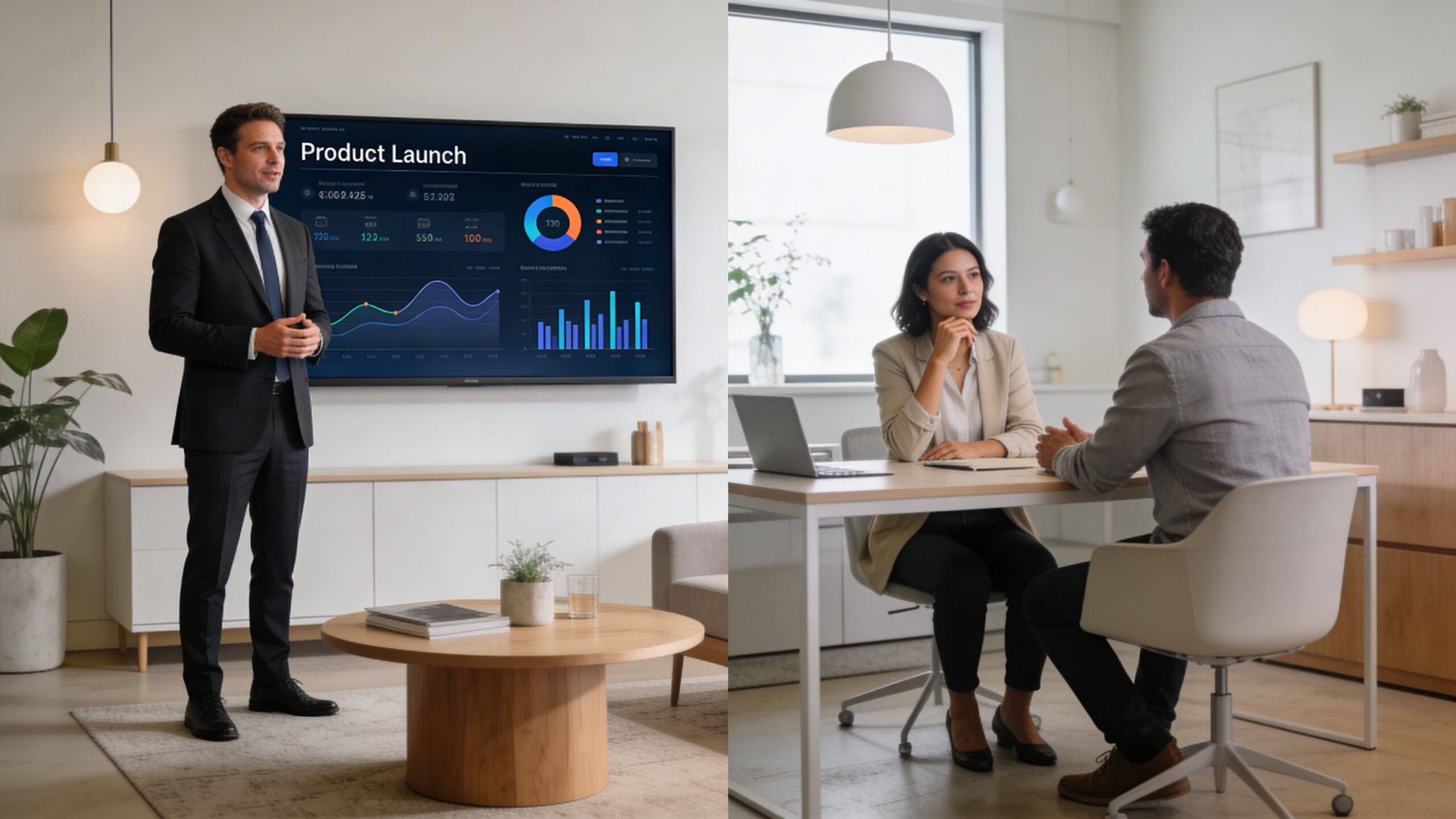 A split-screen view showing a man giving a business presentation and two professionals collaborating at an office desk.