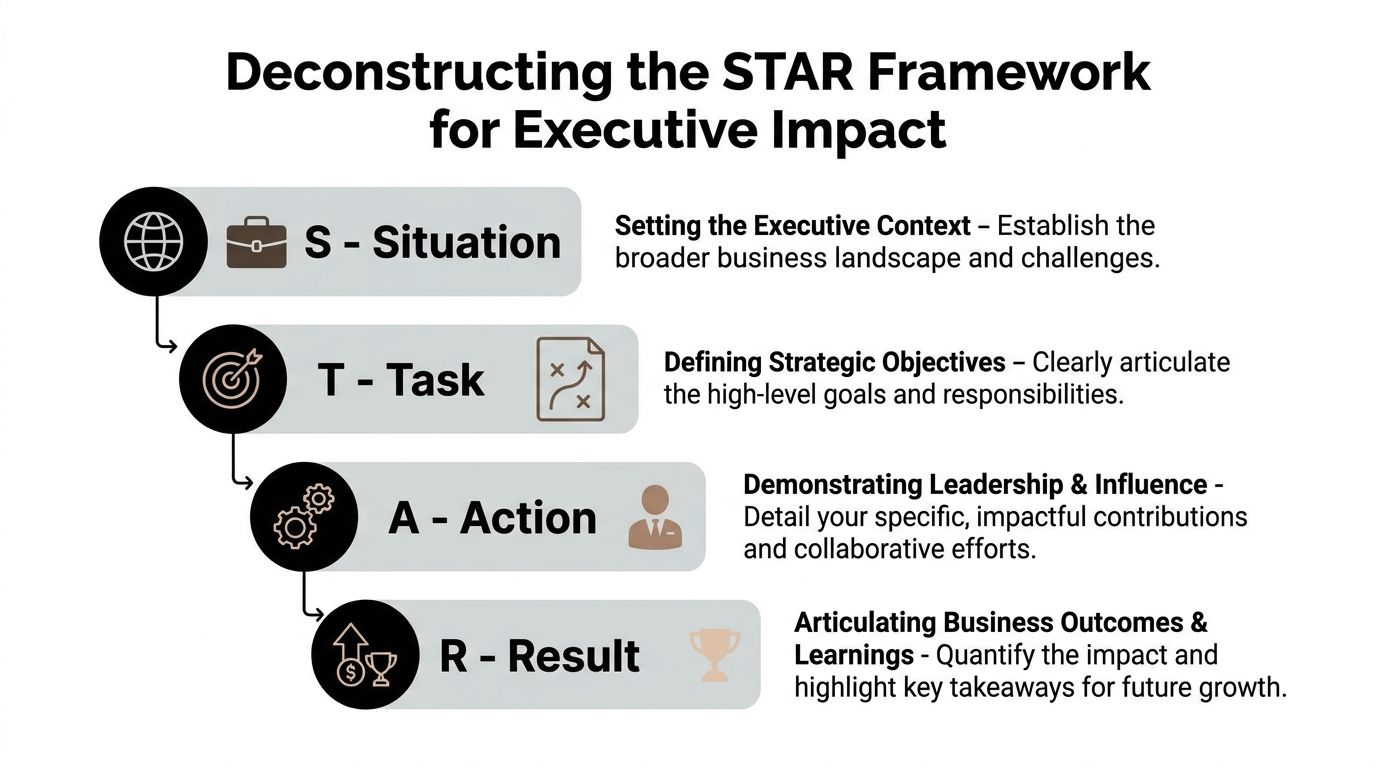 A diagram explaining the STAR interview framework for executive job applications with four specific steps.