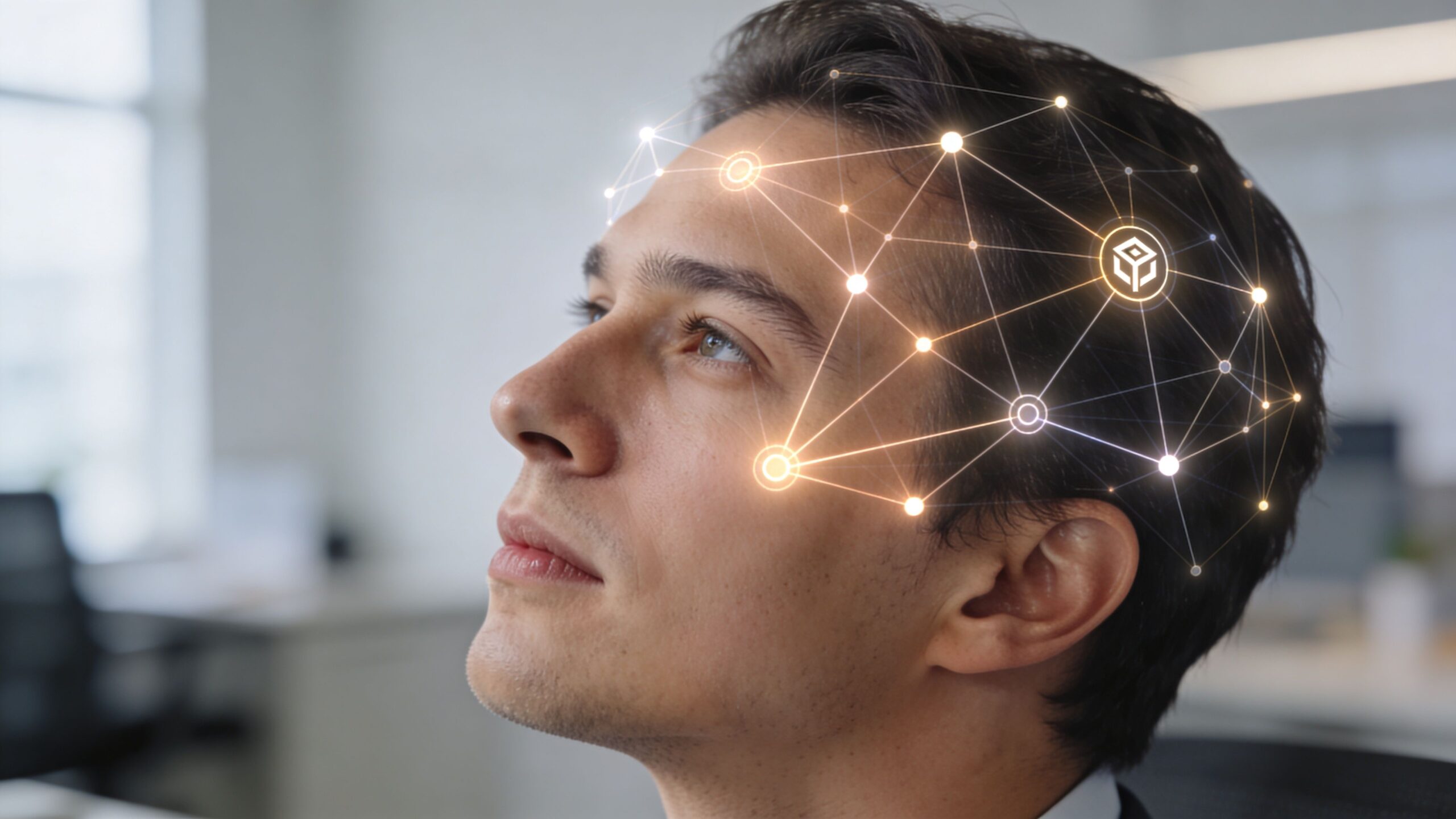 A young professional with a digital network graphic superimposed over his head, symbolizing AI and communication.