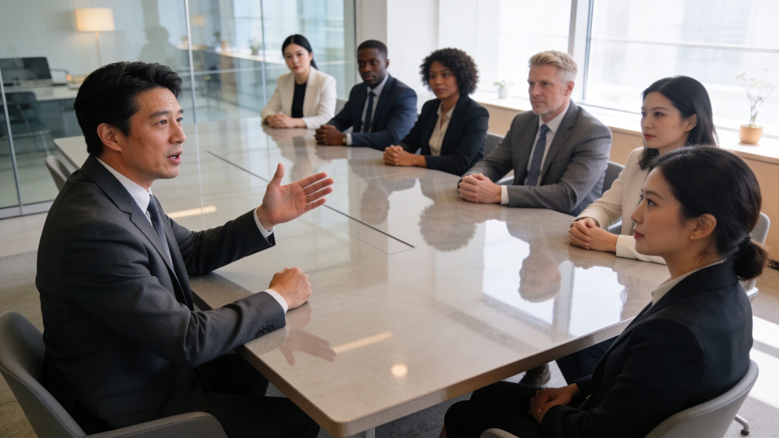 A professional business team having a serious meeting in a bright modern conference room.