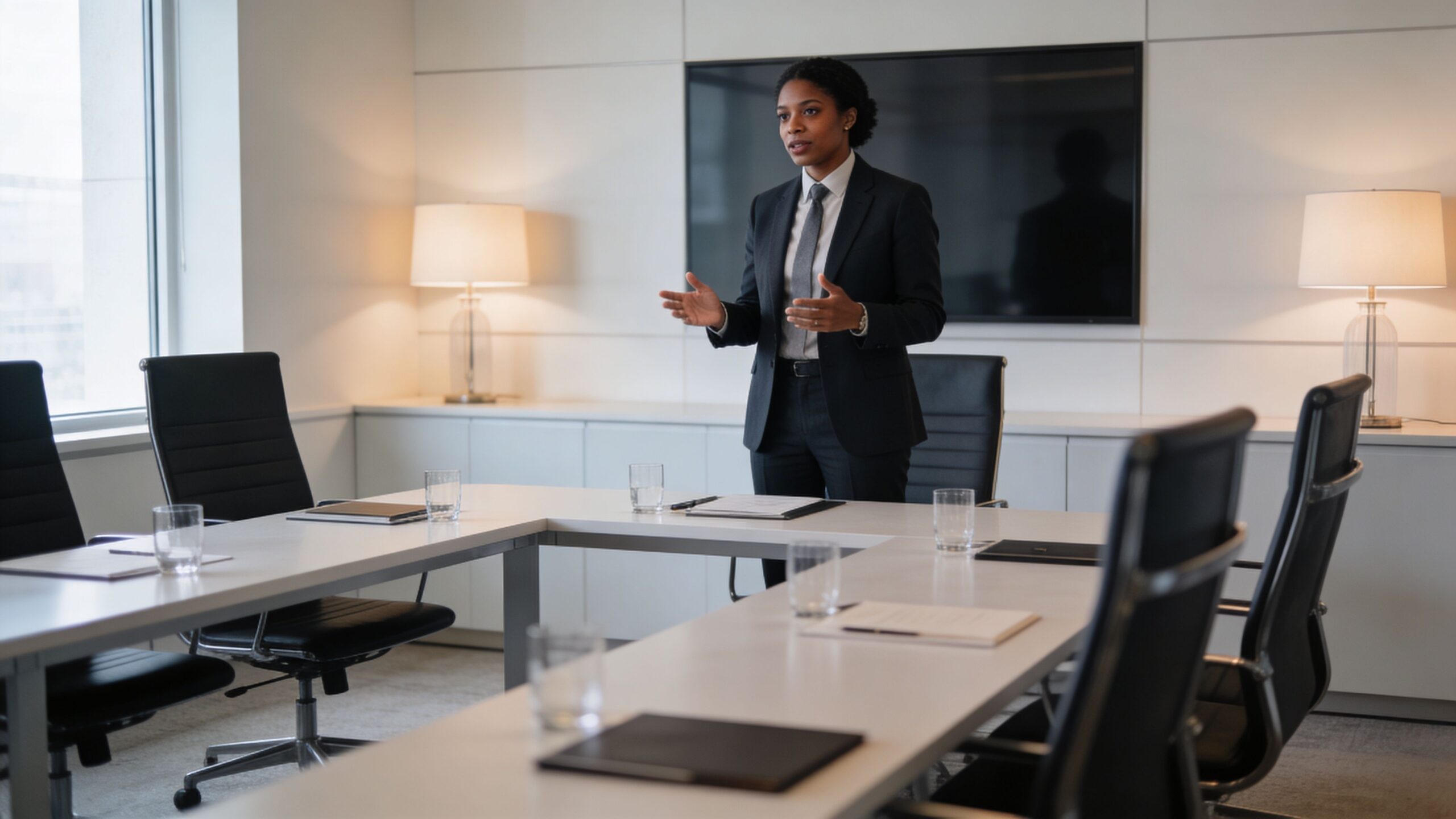 A professional woman in a suit standing and gesturing in a modern conference room during a presentation.