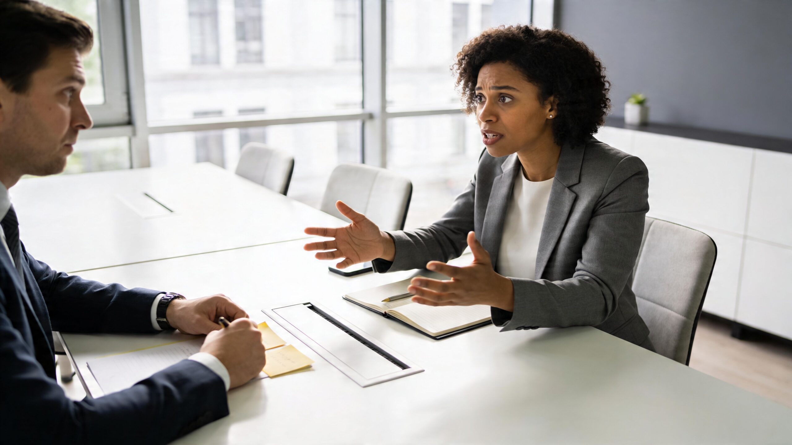 A professional woman having a serious discussion with a colleague in a bright, modern office boardroom.