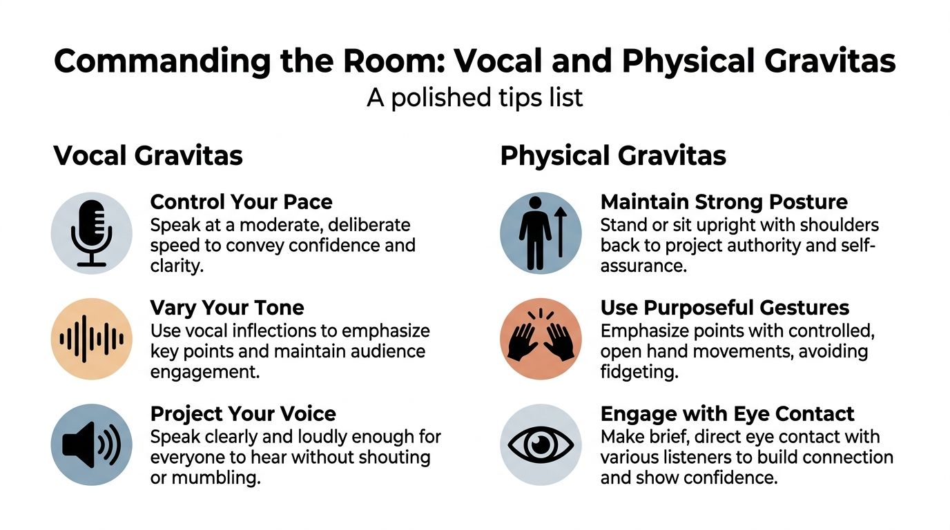 An infographic titled Commanding the Room listing tips for vocal and physical gravitas in professional speaking.