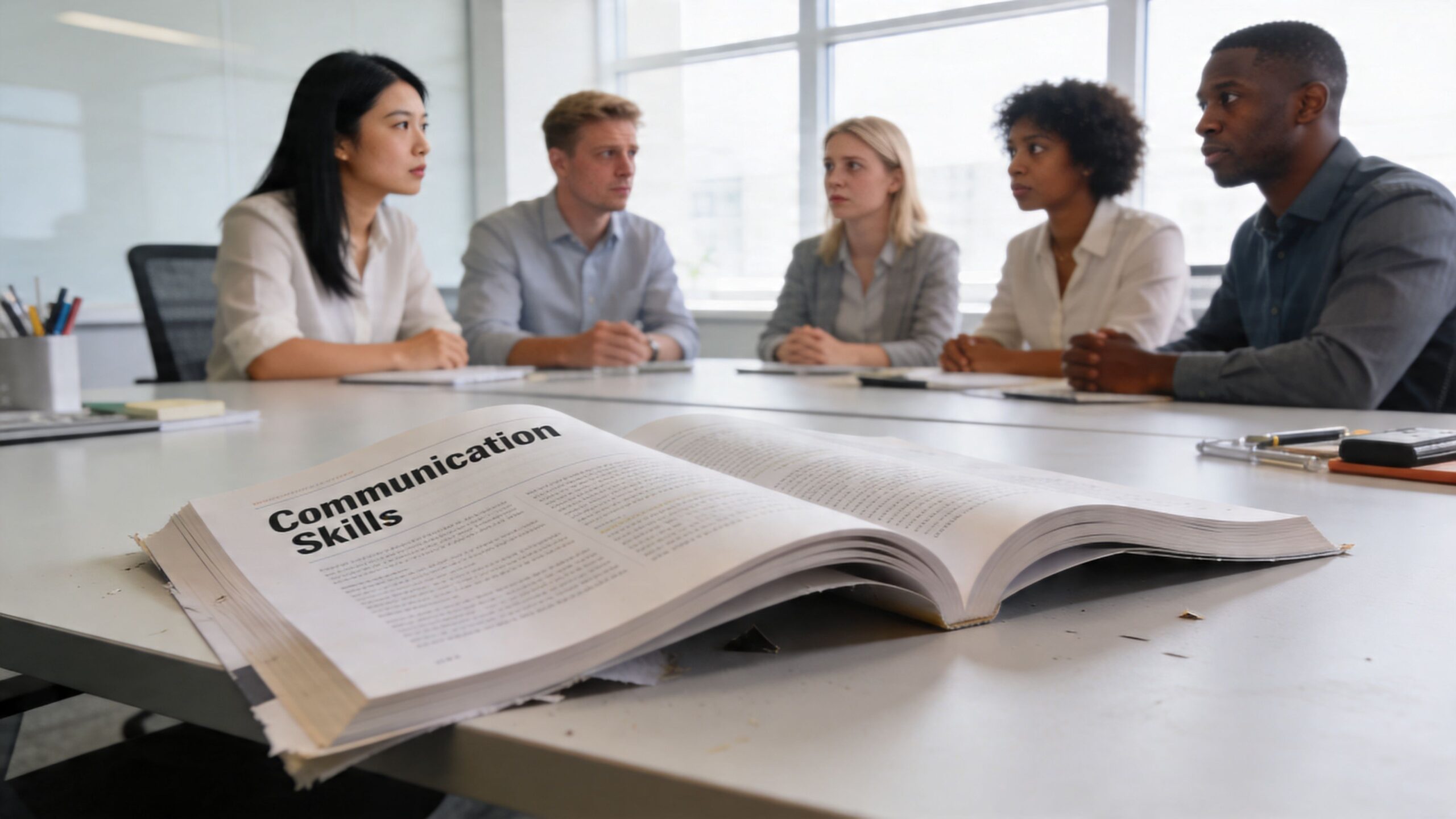 A group of diverse professionals sitting around a table with a textbook titled Communication Skills in focus.