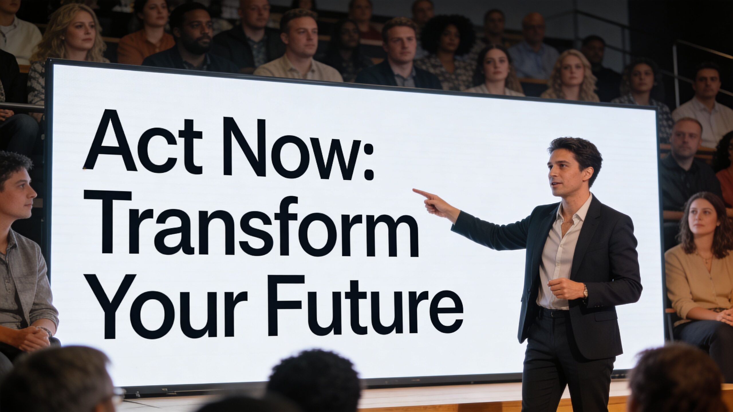A professional presenter points to a large screen displaying the text Act Now: Transform Your Future.