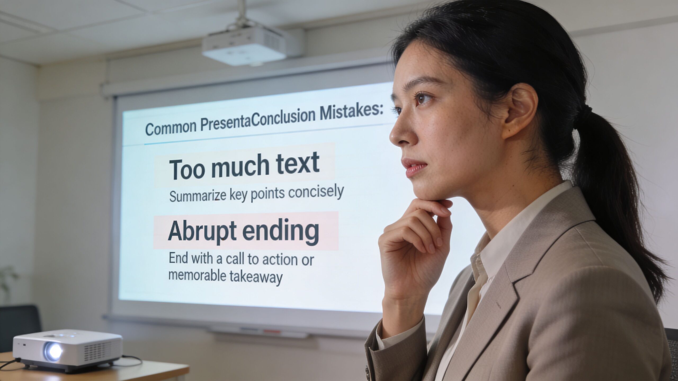A businesswoman reflects thoughtfully in front of a projection screen listing common presentation conclusion mistakes.