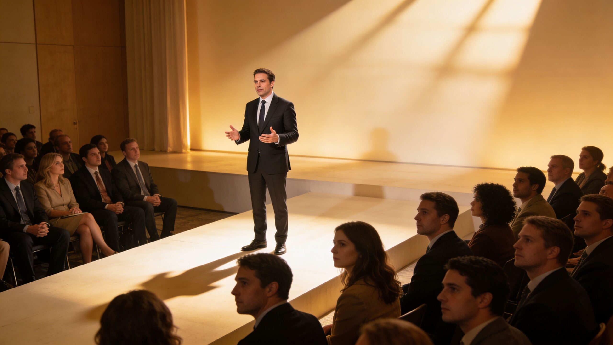 A man in a suit standing on a stage giving a formal presentation to an audience.