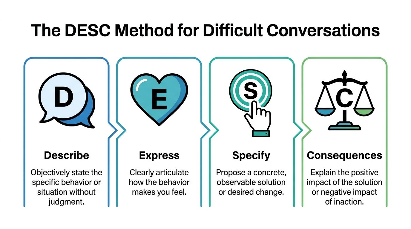 A diagram illustrating the DESC method for handling difficult conversations: Describe, Express, Specify, and Consequences.
