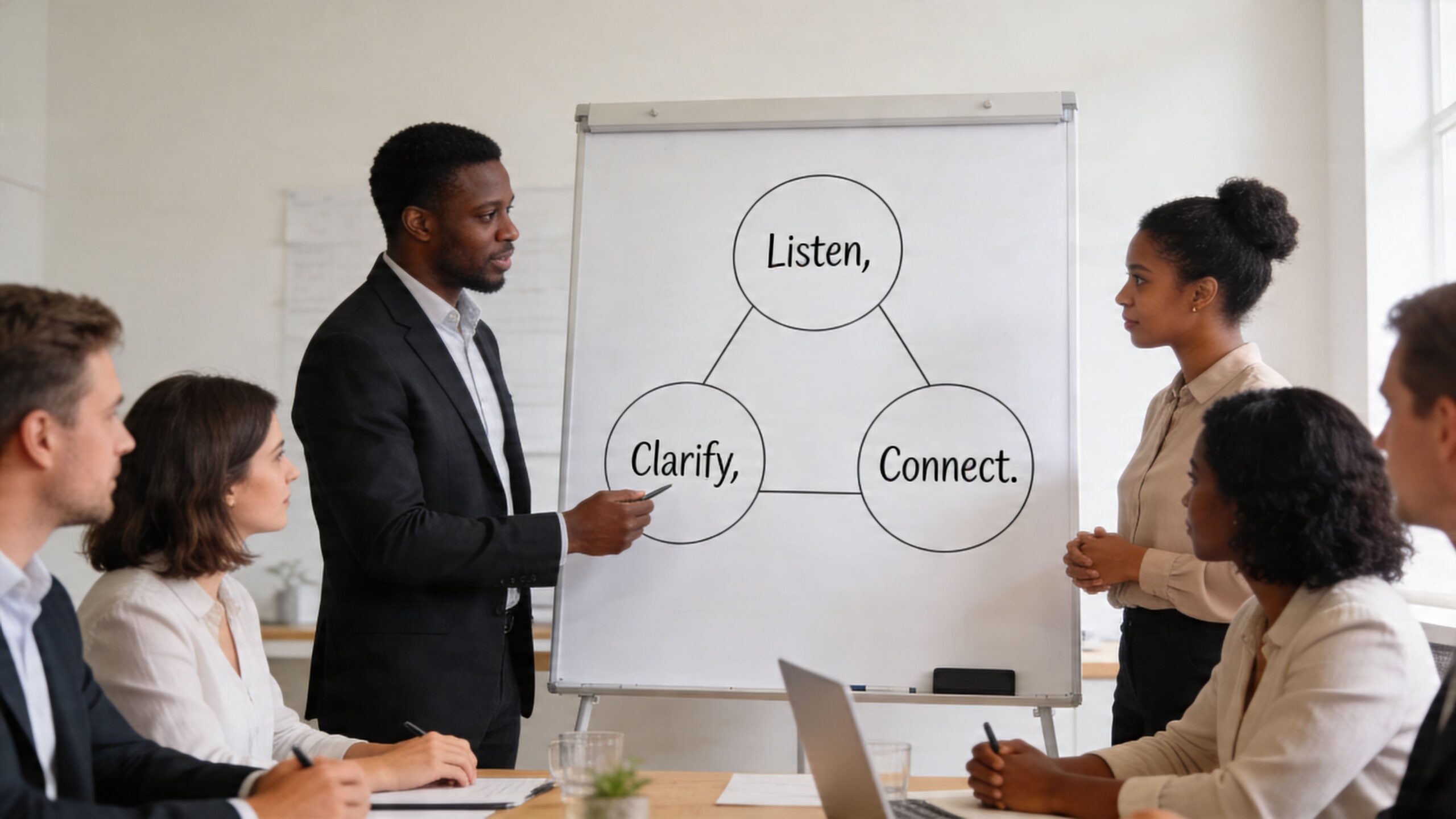 A professional man leads a business meeting, pointing at a whiteboard diagram displaying Listen, Clarify, Connect.