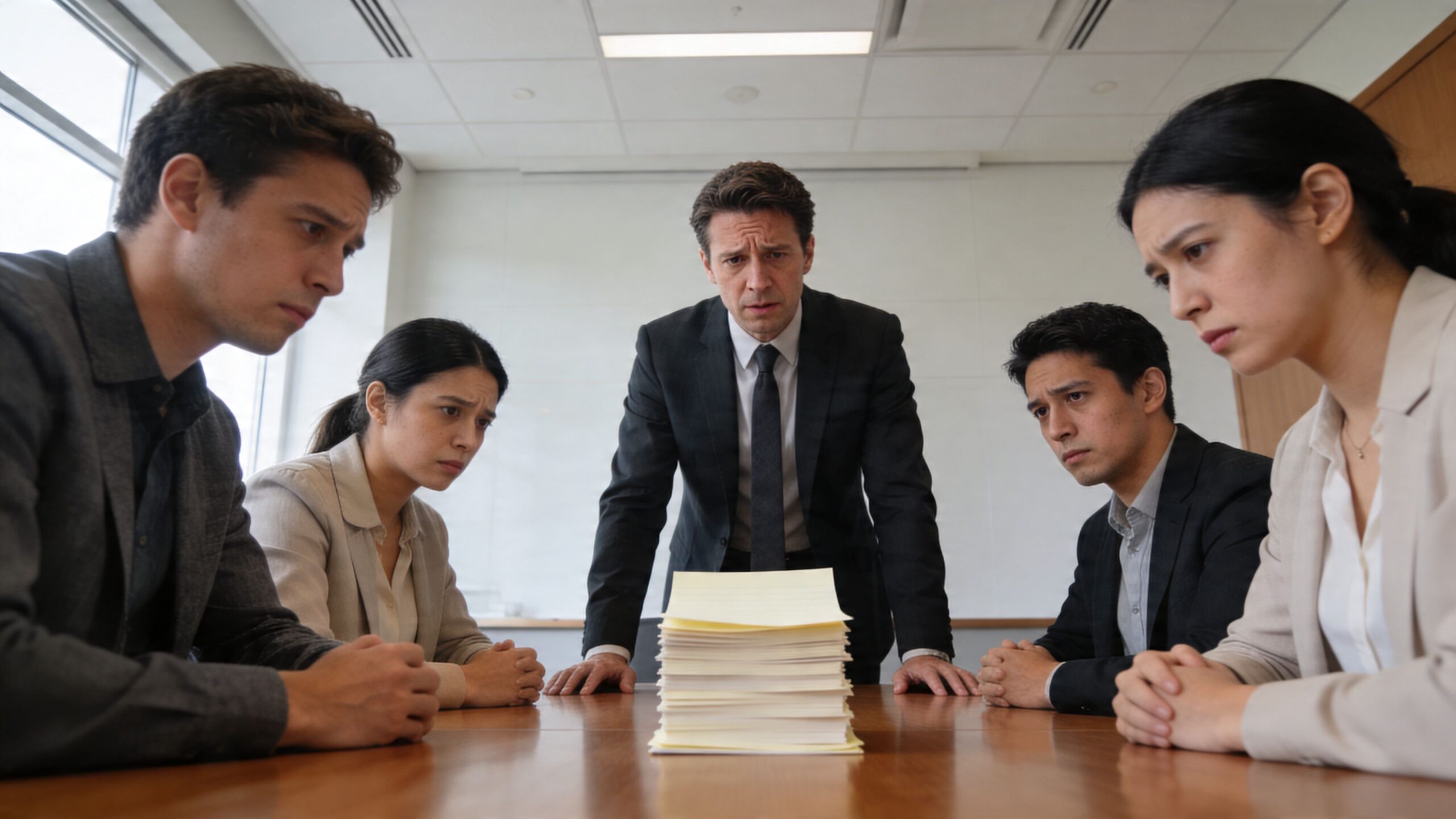 A group of somber office professionals looking down at a tall stack of documents on a table.