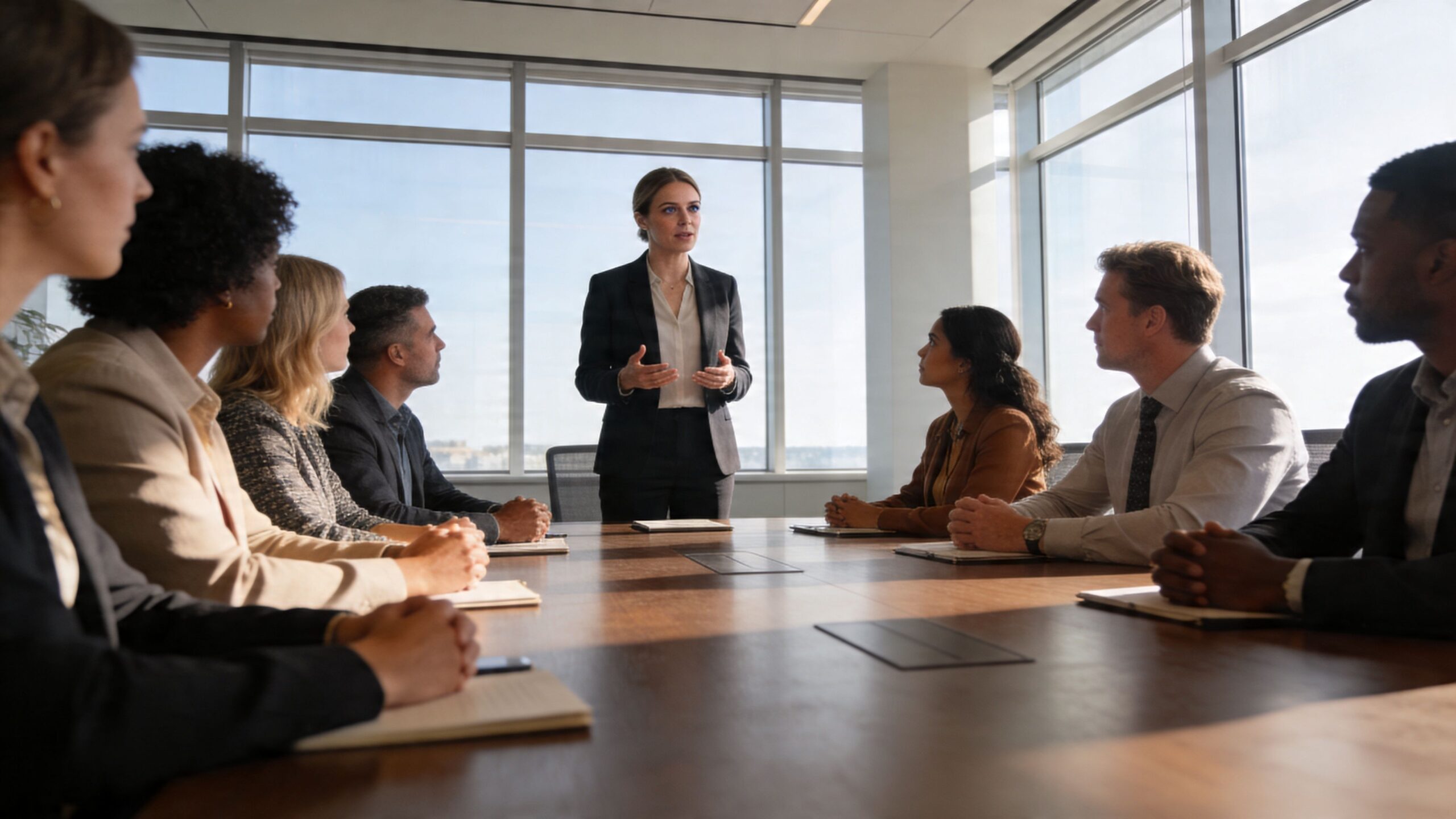 A businesswoman leading a professional corporate meeting with her diverse team around a conference table in an office.