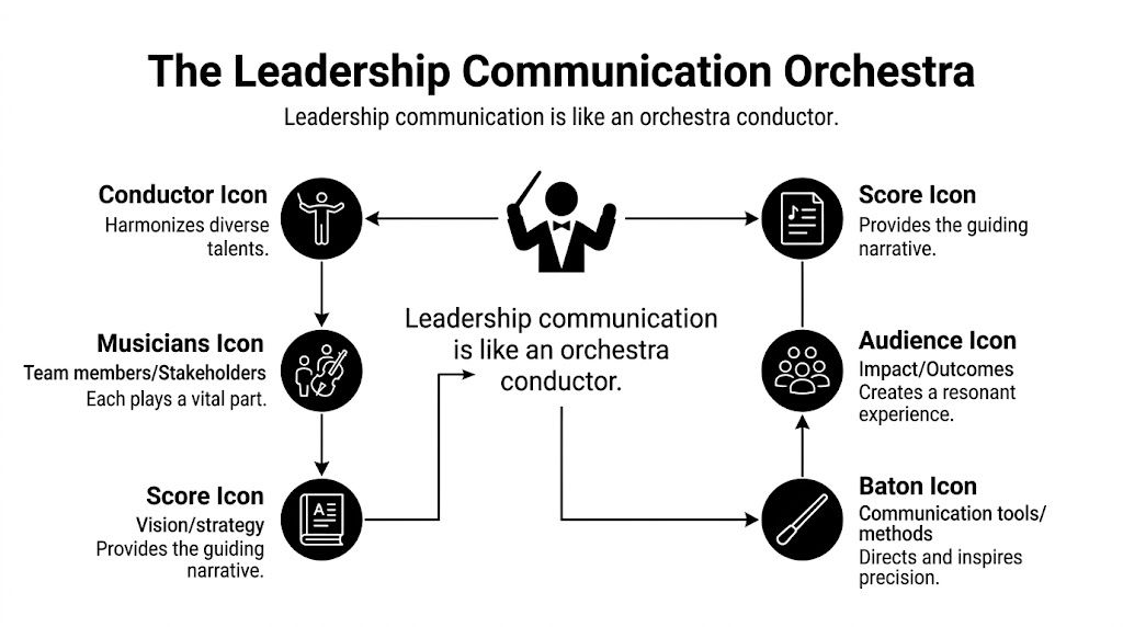 A diagram illustrating leadership communication as an orchestra conductor, detailing roles like harmonizing talents and guiding narratives.